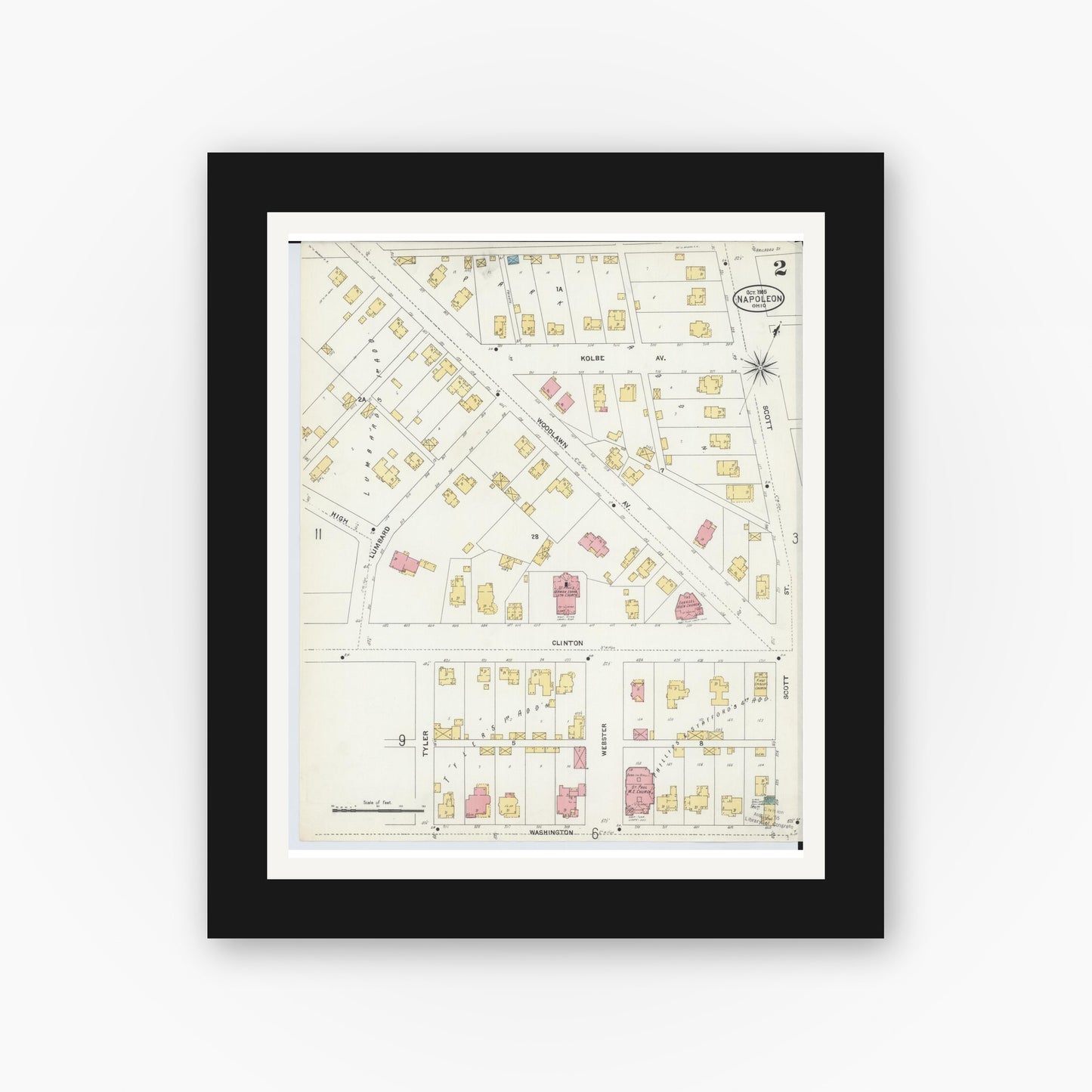 Old map wall art mockup — black gallery frame with white mat — Sanborn Fire Insurance Map from Napoleon, Henry County, Ohio (1905), Sheet #0002