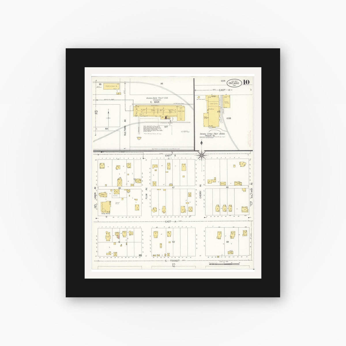 Old map wall art mockup — black gallery frame with white mat — Sanborn Fire Insurance Map from Ontario, San Bernardino County, California (1907), Sheet #0010