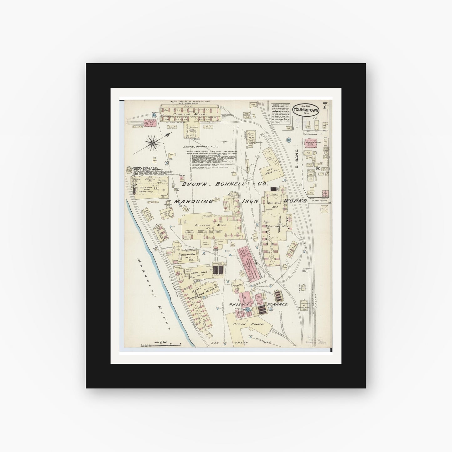 Old map wall art mockup — black gallery frame with white mat — Sanborn Fire Insurance Map from Youngstown, Mahoning County, Ohio (1884), Sheet #0007