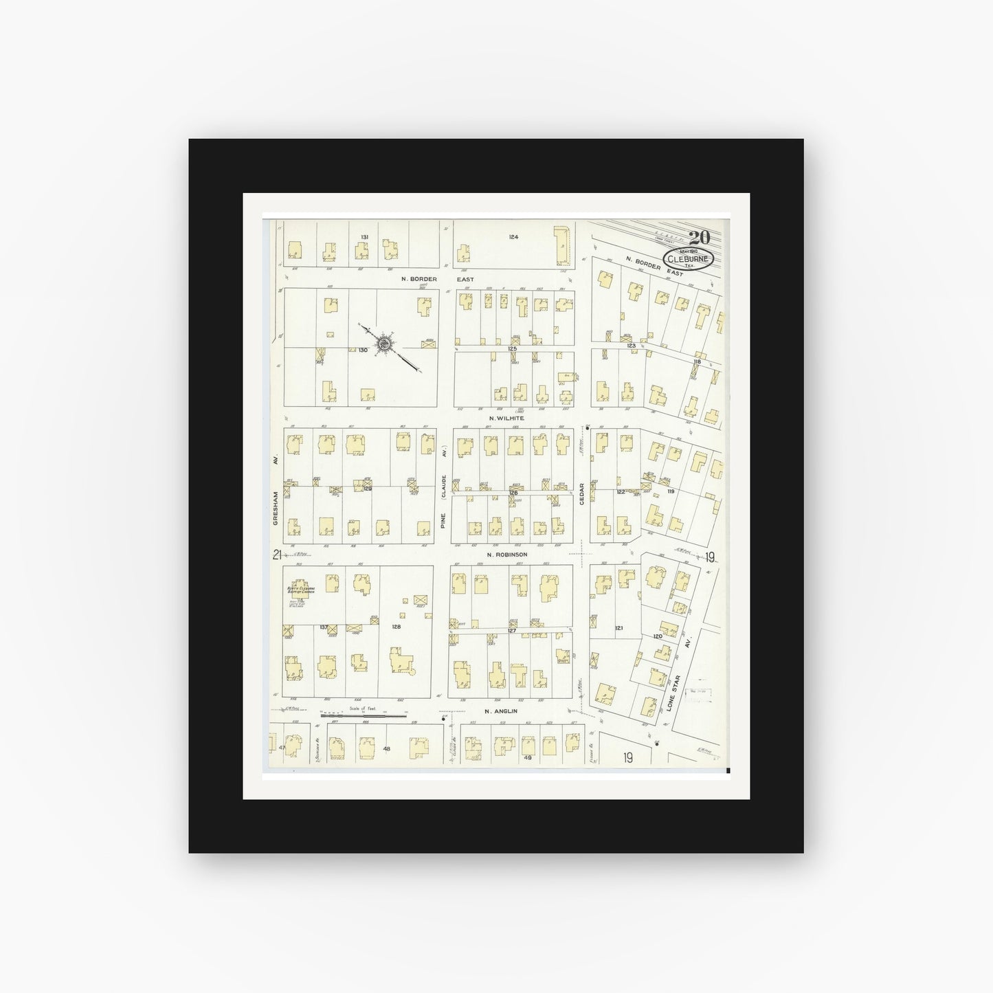Old map wall art mockup — black gallery frame with white mat — Sanborn Fire Insurance Map from Cleburne, Johnson County, Texas (1910), Sheet #0020