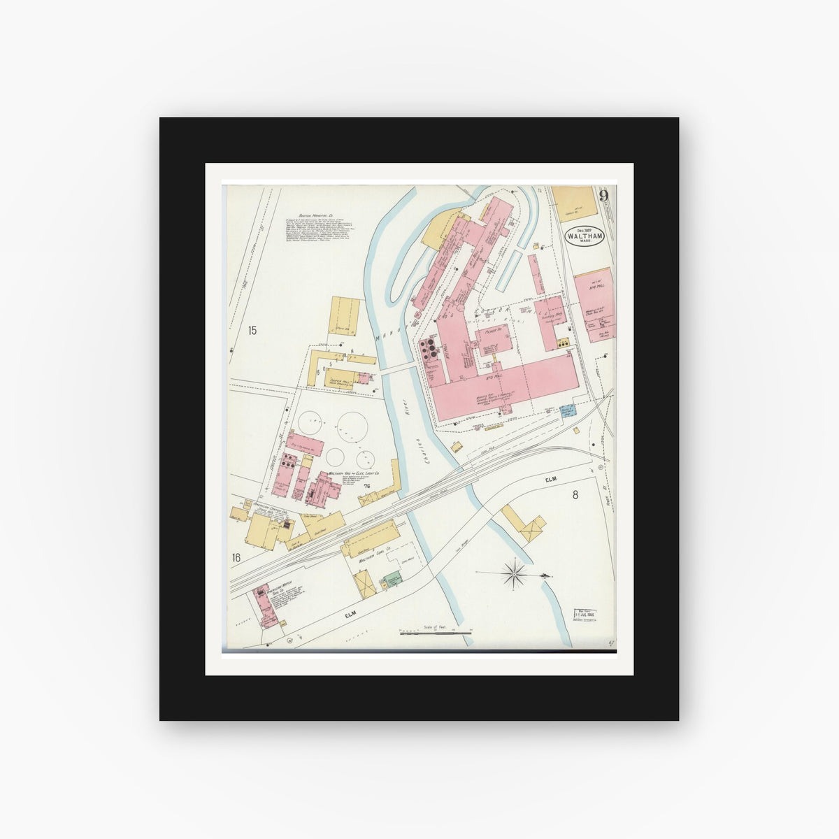 Old map wall art mockup — black gallery frame with white mat — Sanborn Fire Insurance Map from Waltham, Middlesex County, Massachusetts (1897), Sheet #0009