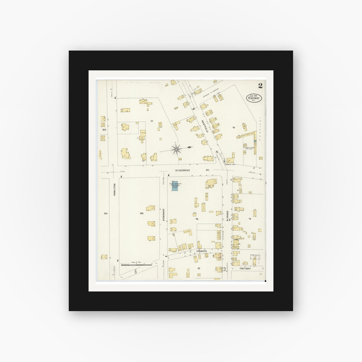 Old map wall art mockup — black gallery frame with white mat — Sanborn Fire Insurance Map from Rahway, Union County, New Jersey (1908) - Complete Map Set