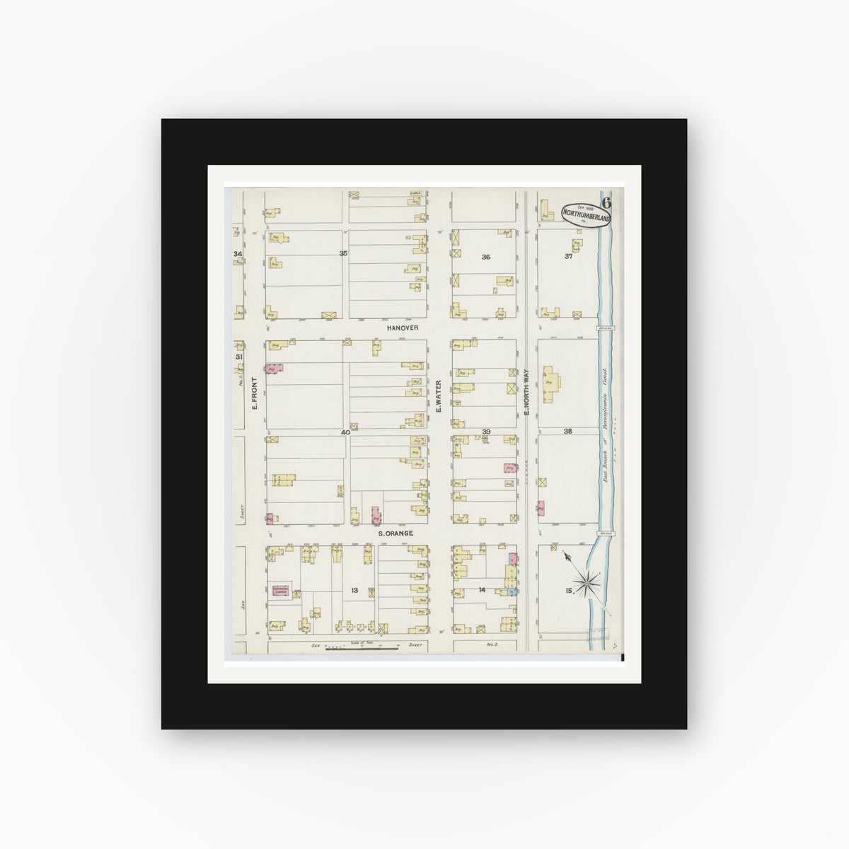 Old map wall art mockup — black gallery frame with white mat — Sanborn Fire Insurance Map from Northumberland, Northumberland County, Pennsylvania (1890), Sheet #0006