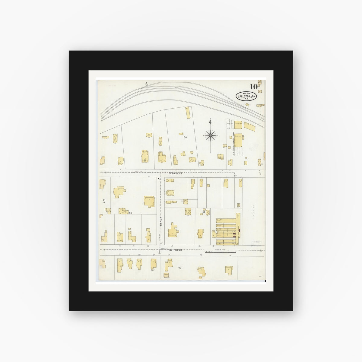 Old map wall art mockup — black gallery frame with white mat — Sanborn Fire Insurance Map from Ballston Spa, Saratoga County, New York (1904), Sheet #0010