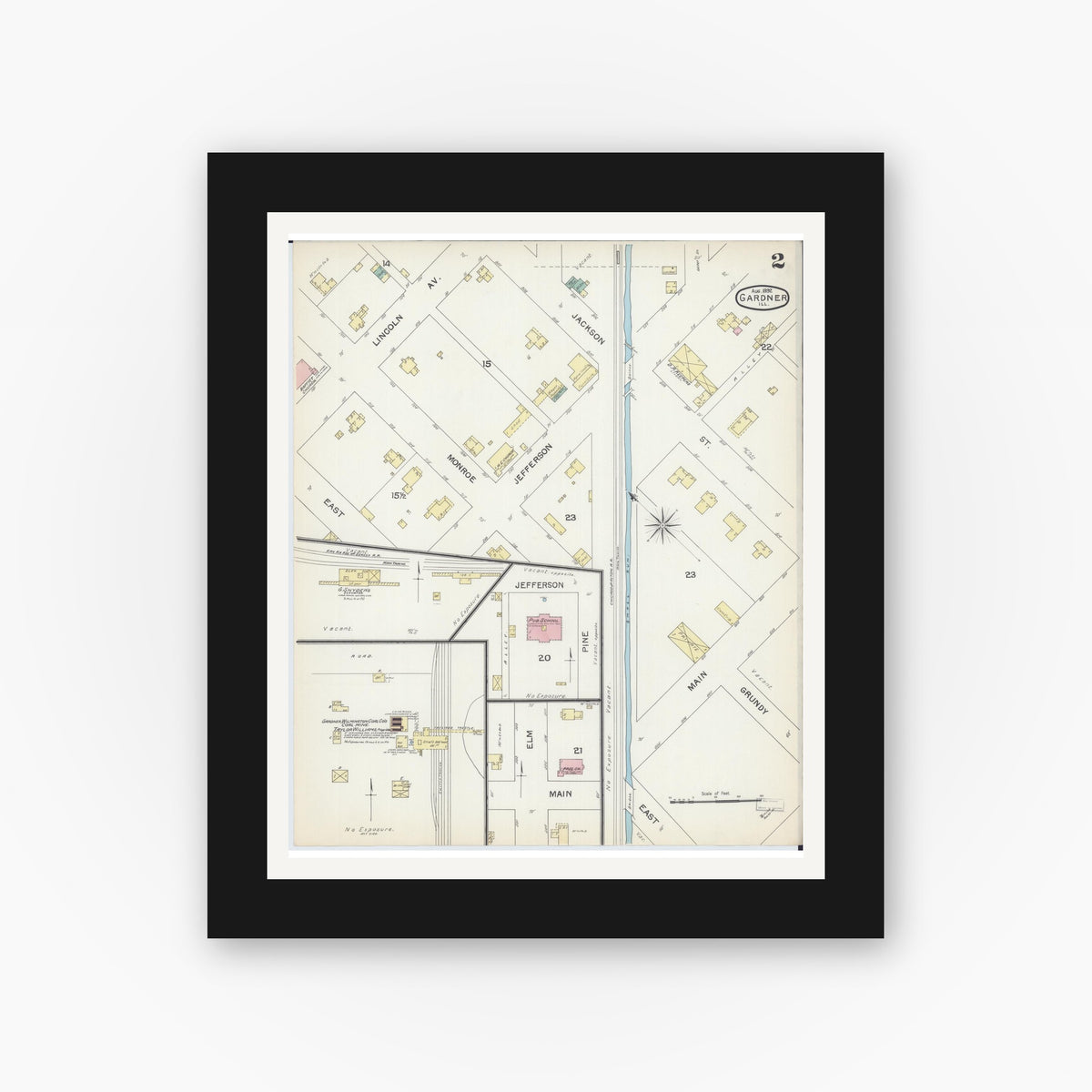 Old map wall art mockup — black gallery frame with white mat — Sanborn Fire Insurance Map from Gardner, Grundy County, Illinois (1892), Sheet #0002