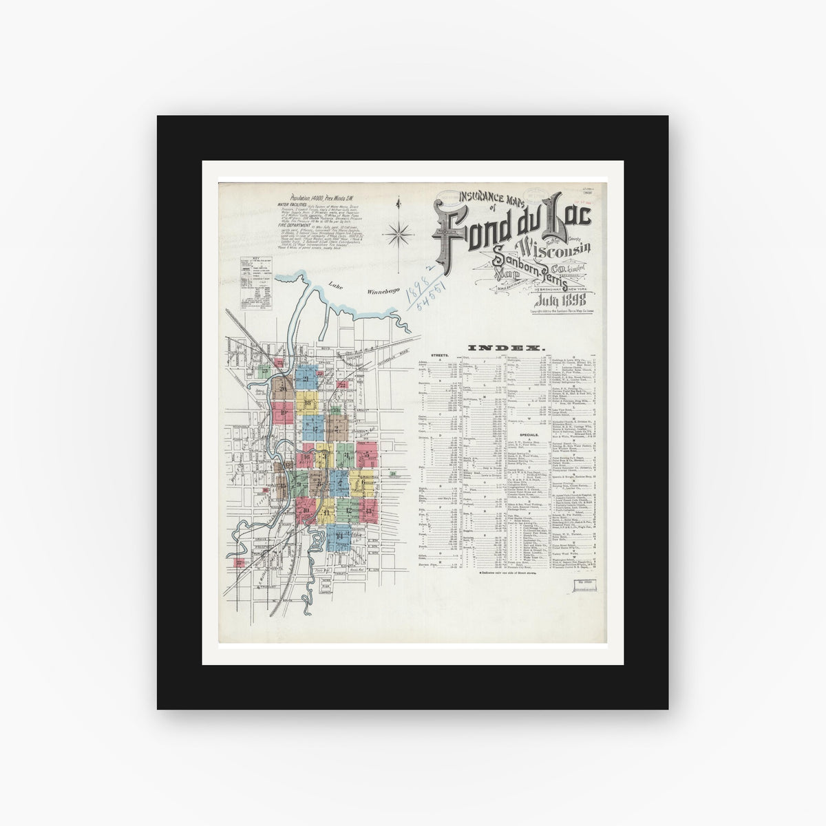 Old map wall art mockup — black gallery frame with white mat — Sanborn Fire Insurance Map from Fond du Lac, Fond du Lac County, Wisconsin (1898), Sheet #0001