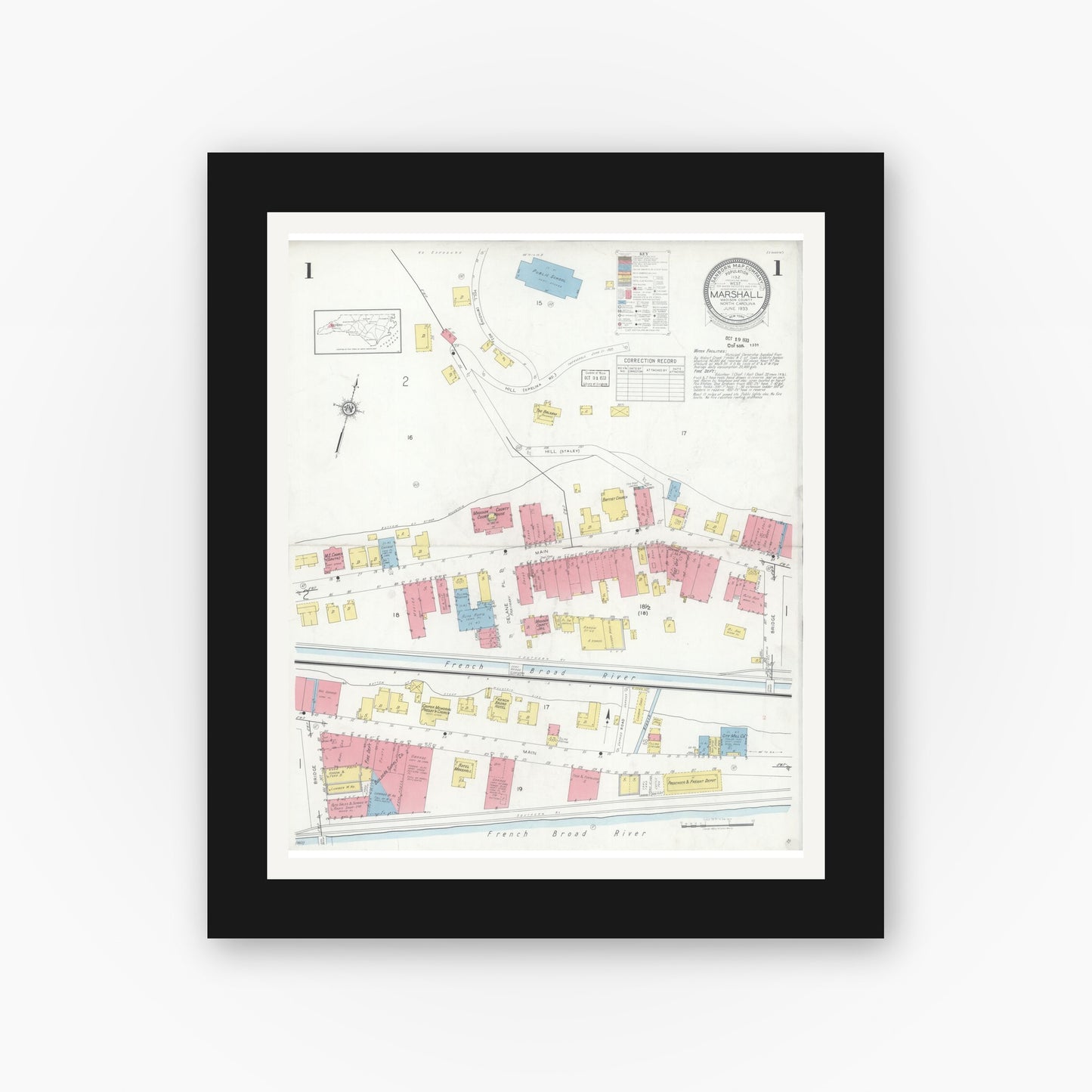 Old map wall art mockup — black gallery frame with white mat — Sanborn Fire Insurance Map from Marshall, Madison County, North Carolina (1933), Sheet #0001