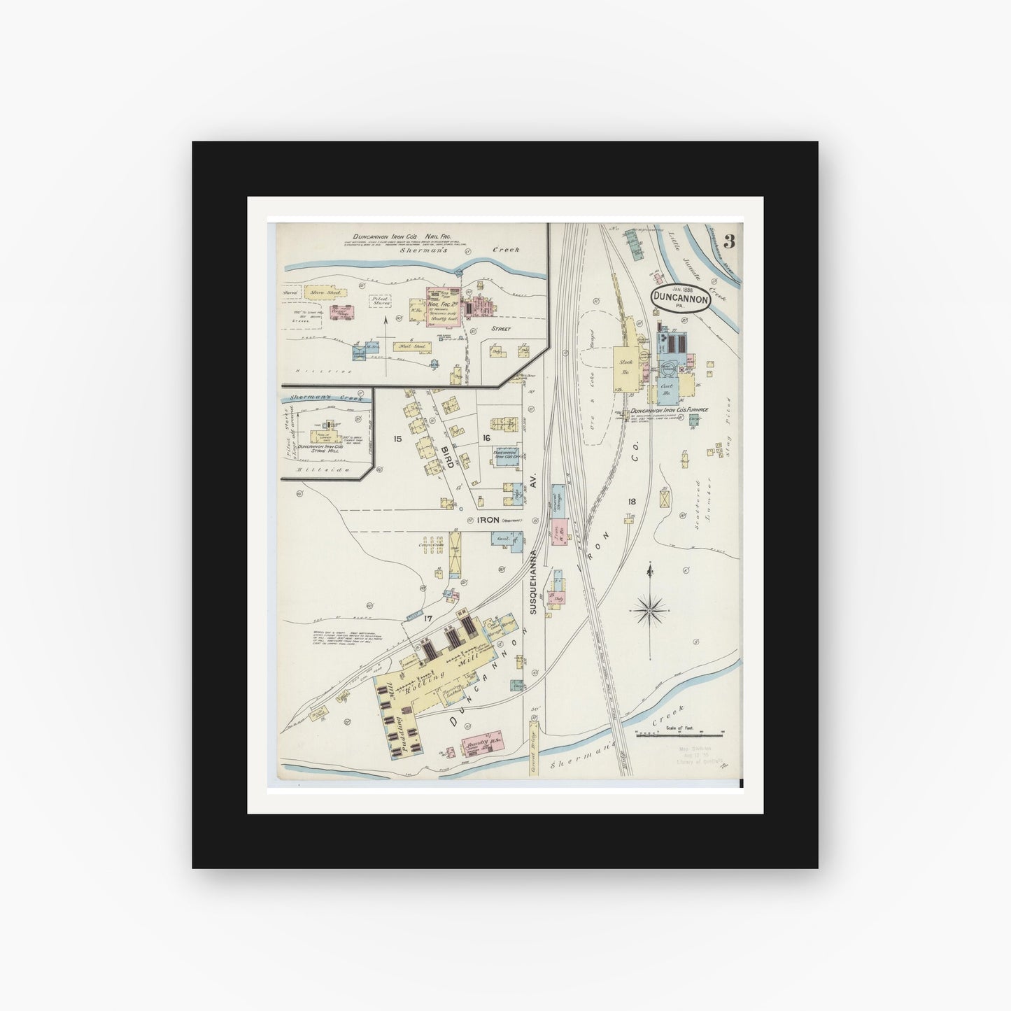 Old map wall art mockup — black gallery frame with white mat — Sanborn Fire Insurance Map from Duncannon, Perry County, Pennsylvania (1888), Sheet #0003