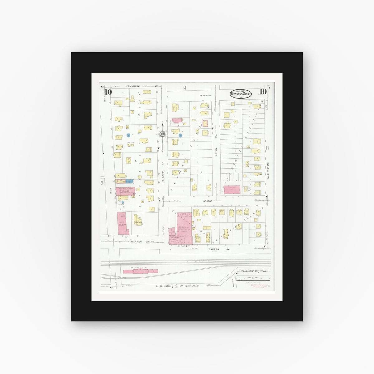 Old map wall art mockup — black gallery frame with white mat — Sanborn Fire Insurance Map from Downers Grove, Dupage County, Illinois (1927), Sheet #0010