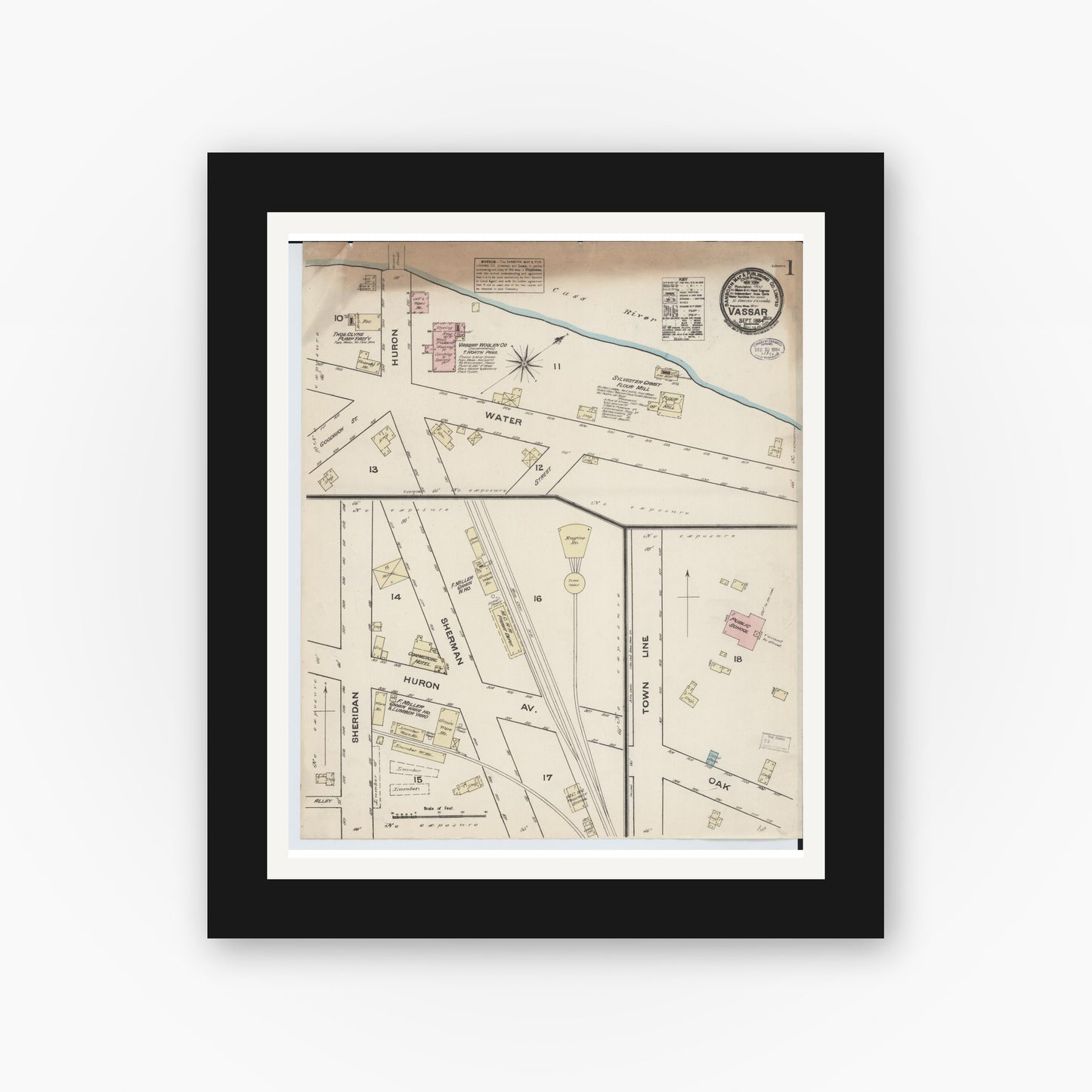 Old map wall art mockup — black gallery frame with white mat — Sanborn Fire Insurance Map from Vassar, Tuscola County, Michigan (1884), Sheet #0001