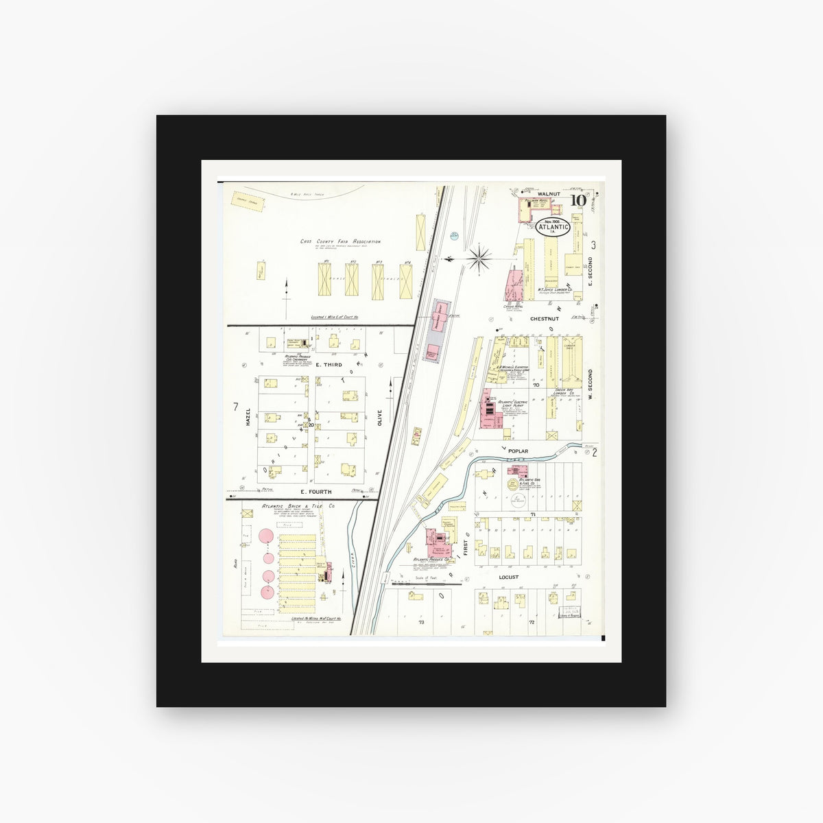 Old map wall art mockup — black gallery frame with white mat — Sanborn Fire Insurance Map from Atlantic, Cass County, Iowa (1908), Sheet #0010