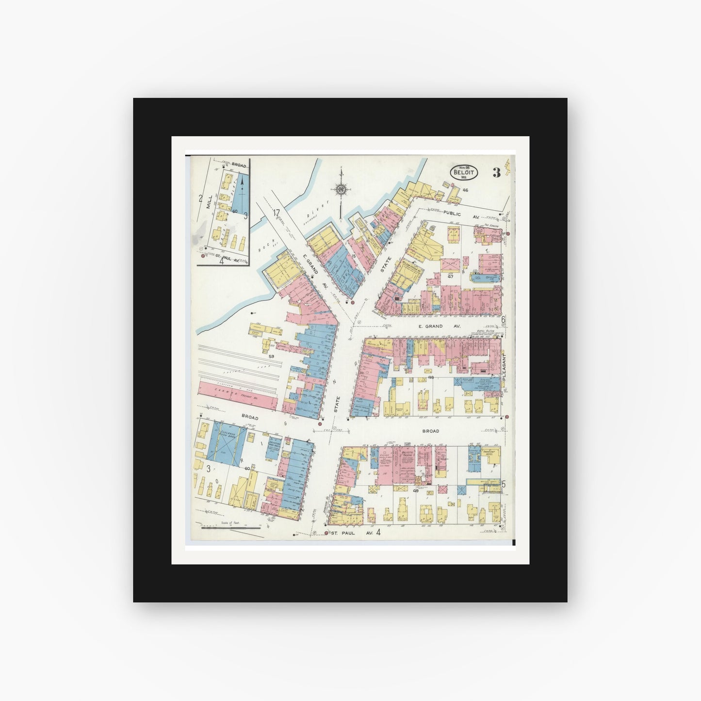 Old map wall art mockup — black gallery frame with white mat — Sanborn Fire Insurance Map from Beloit, Rock County, Wisconsin (1915), Sheet #0003