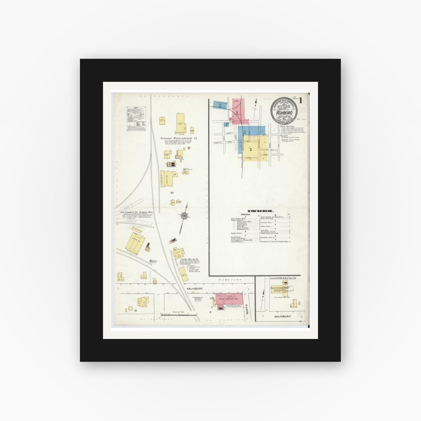 Old map wall art mockup — black gallery frame with white mat — Sanborn Fire Insurance Map from Asheboro, Randolph County, North Carolina (1910) - Complete Map Set
