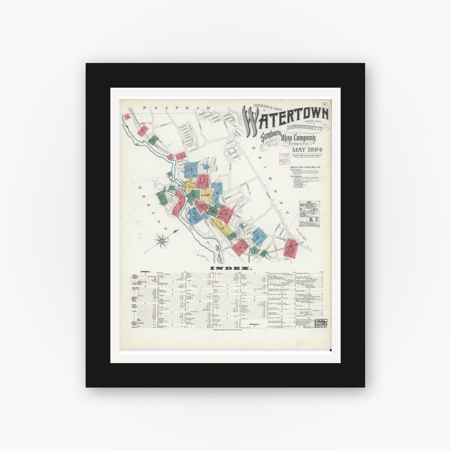 Old map wall art mockup — black gallery frame with white mat — Sanborn Fire Insurance Map from Watertown, Middlesex County, Massachusetts (1904) - Complete Map Set