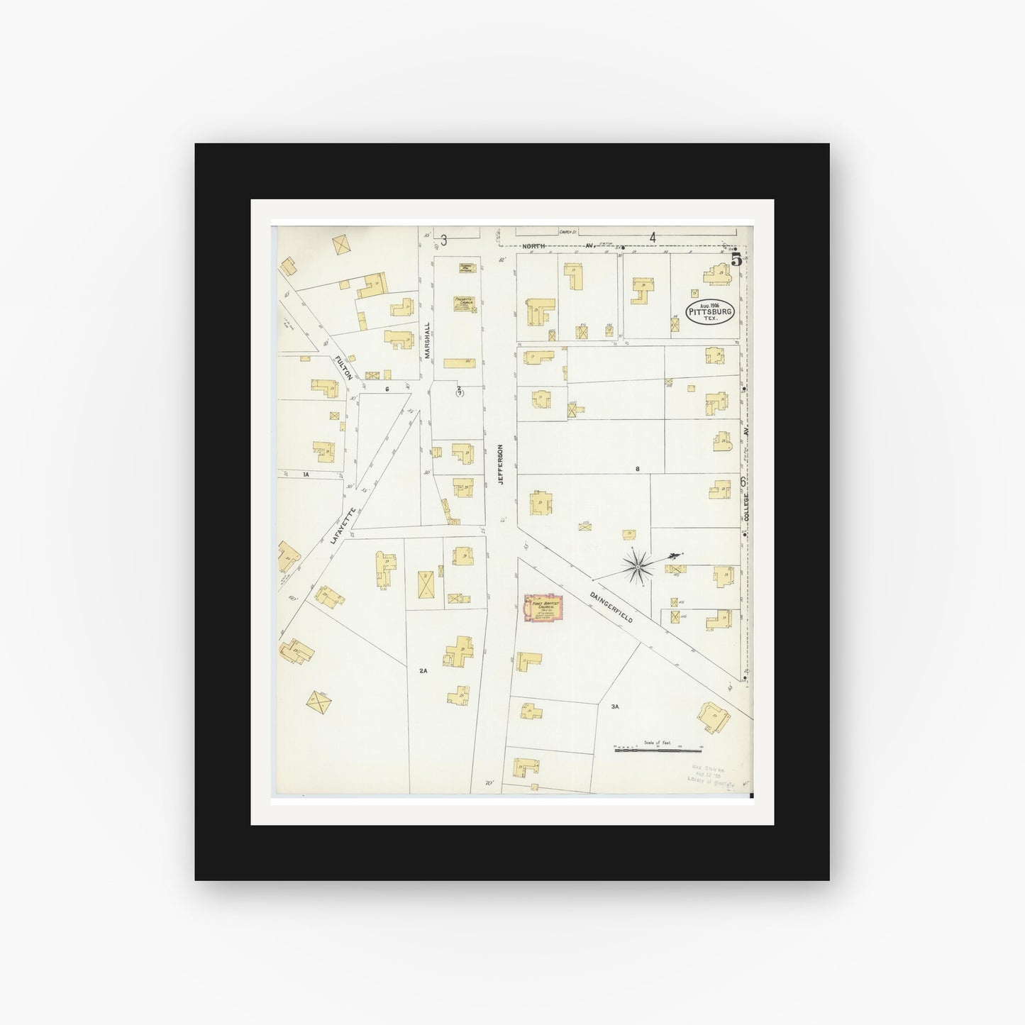 Old map wall art mockup — black gallery frame with white mat — Sanborn Fire Insurance Map from Pittsburg, Camp County, Texas (1906), Sheet #0005