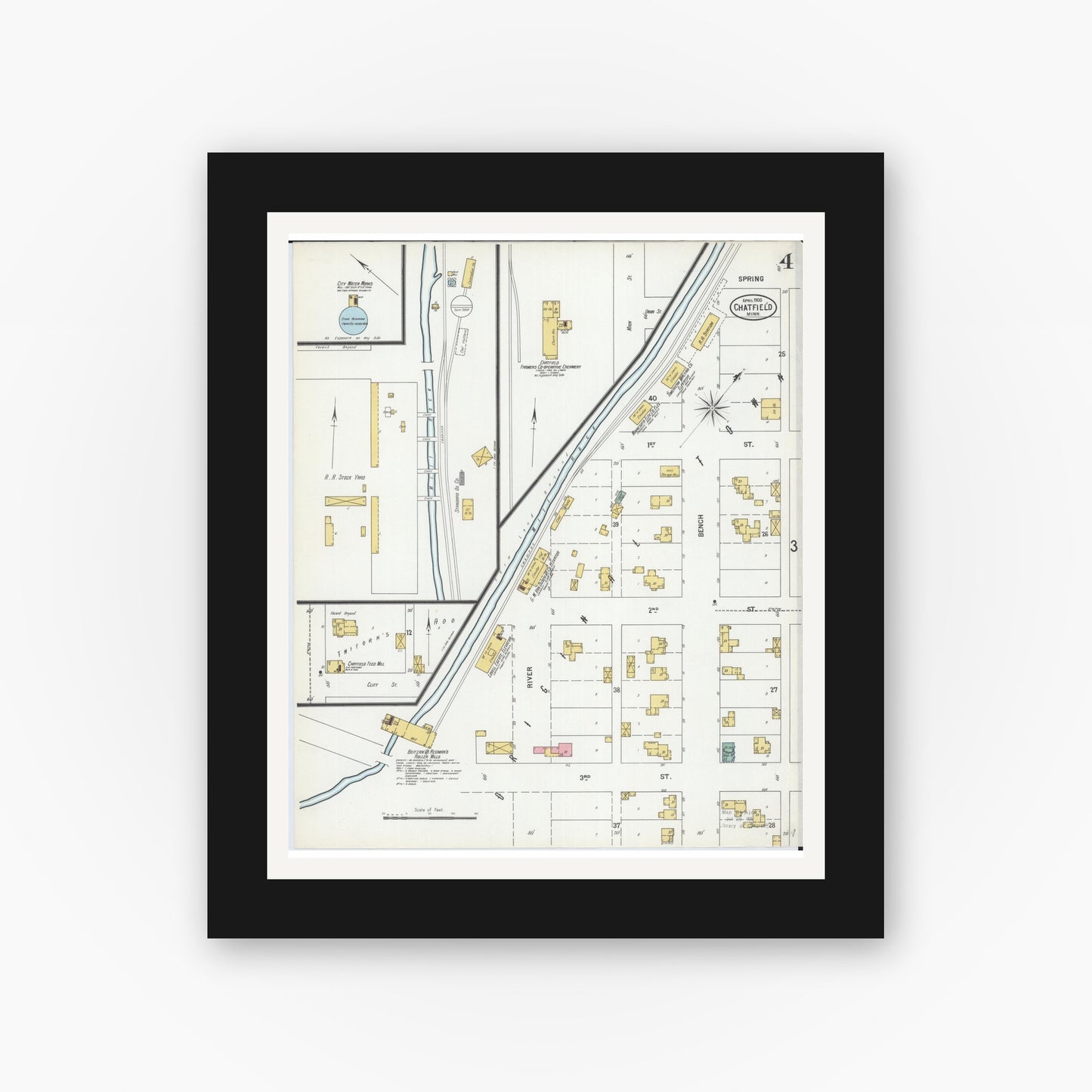 Old map wall art mockup — black gallery frame with white mat — Sanborn Fire Insurance Map from Chatfield, Fillmore And Olmsted Counties, Minnesota (1900), Sheet #0004