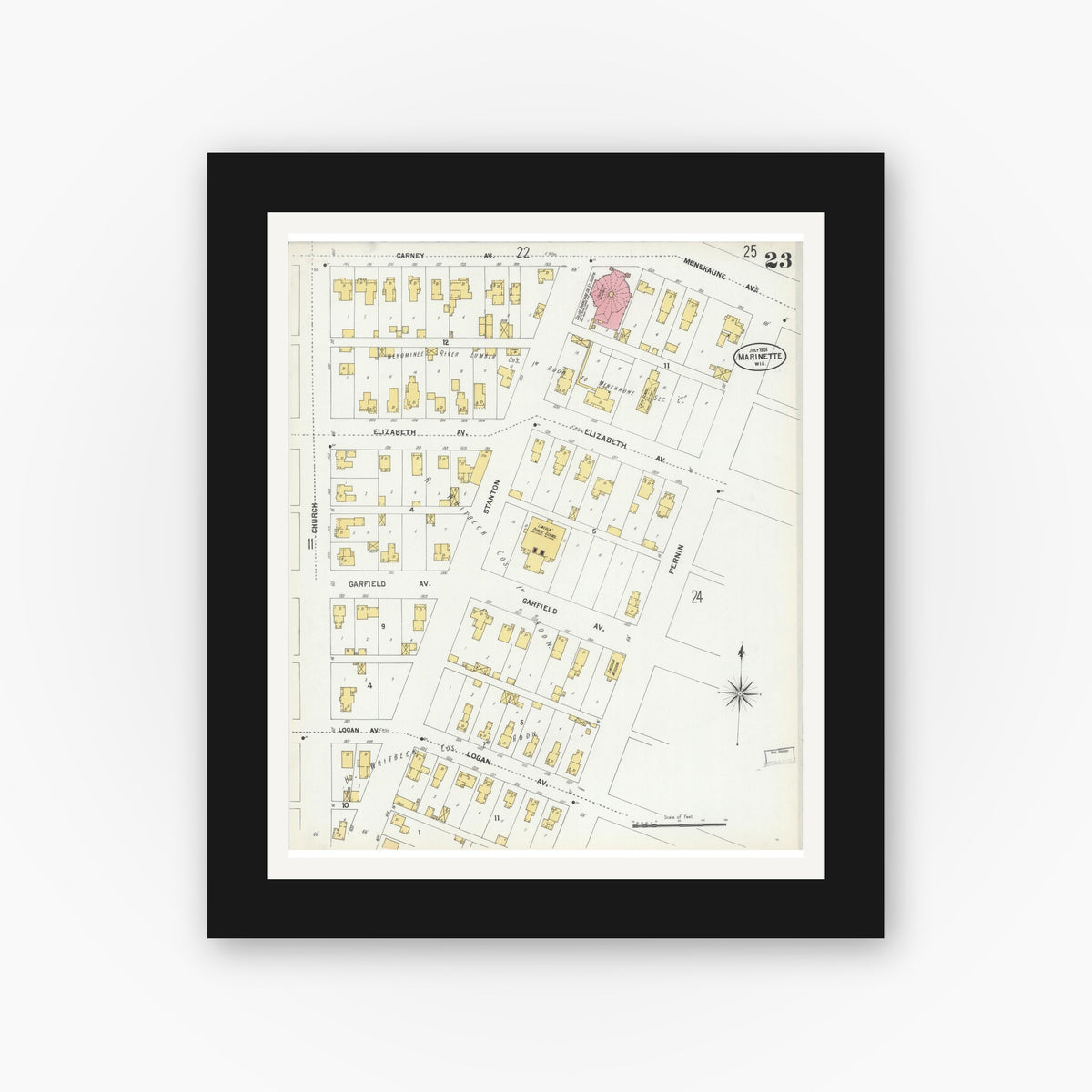Old map wall art mockup — black gallery frame with white mat — Sanborn Fire Insurance Map from Marinette, Marinette County, Wisconsin (1901), Sheet #0023