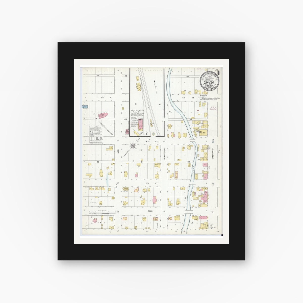 Old map wall art mockup — black gallery frame with white mat — Sanborn Fire Insurance Map from Carver, Carver County, Minnesota (1910), Sheet #0001