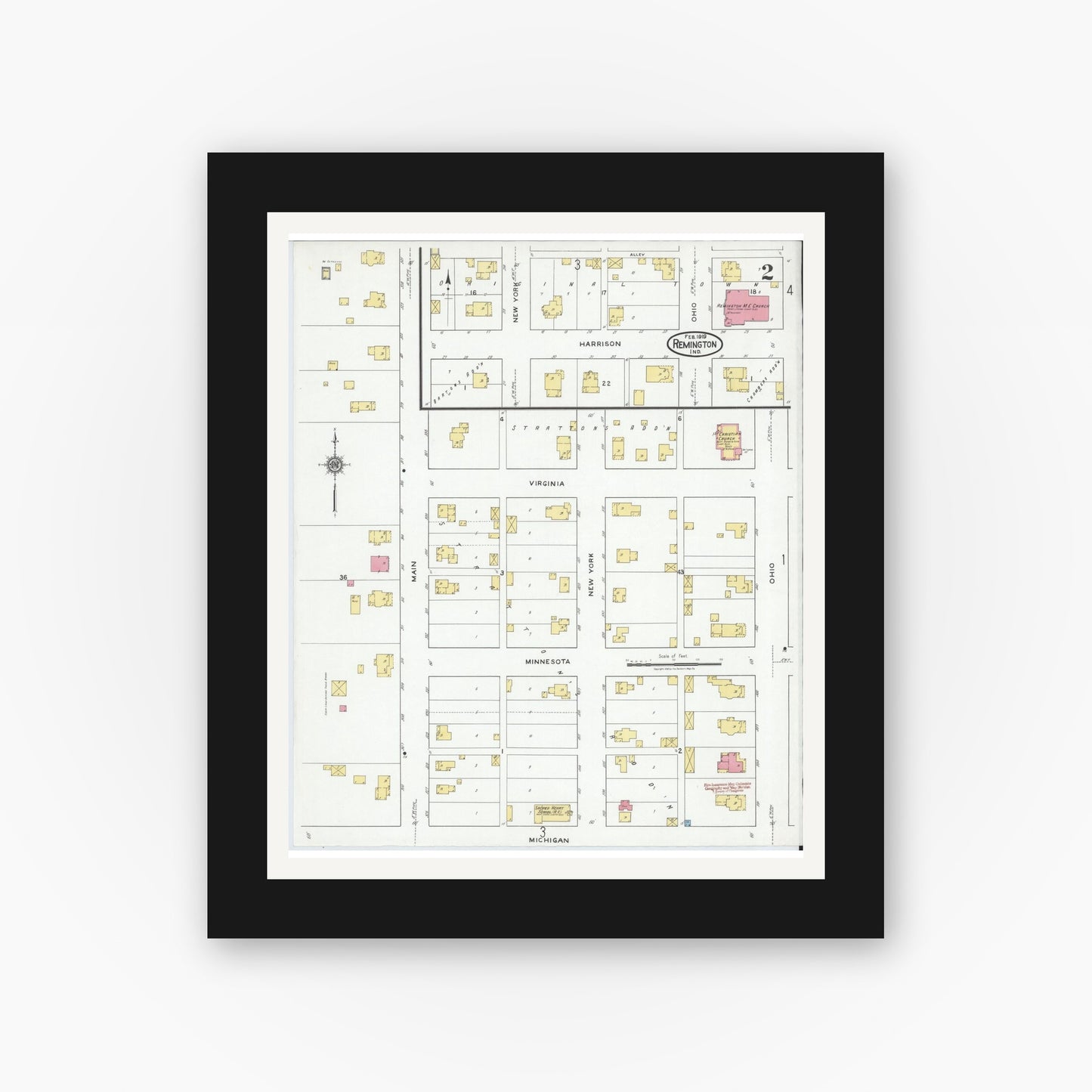 Old map wall art mockup — black gallery frame with white mat — Sanborn Fire Insurance Map from Remington, Jasper County, Indiana (1919), Sheet #0002