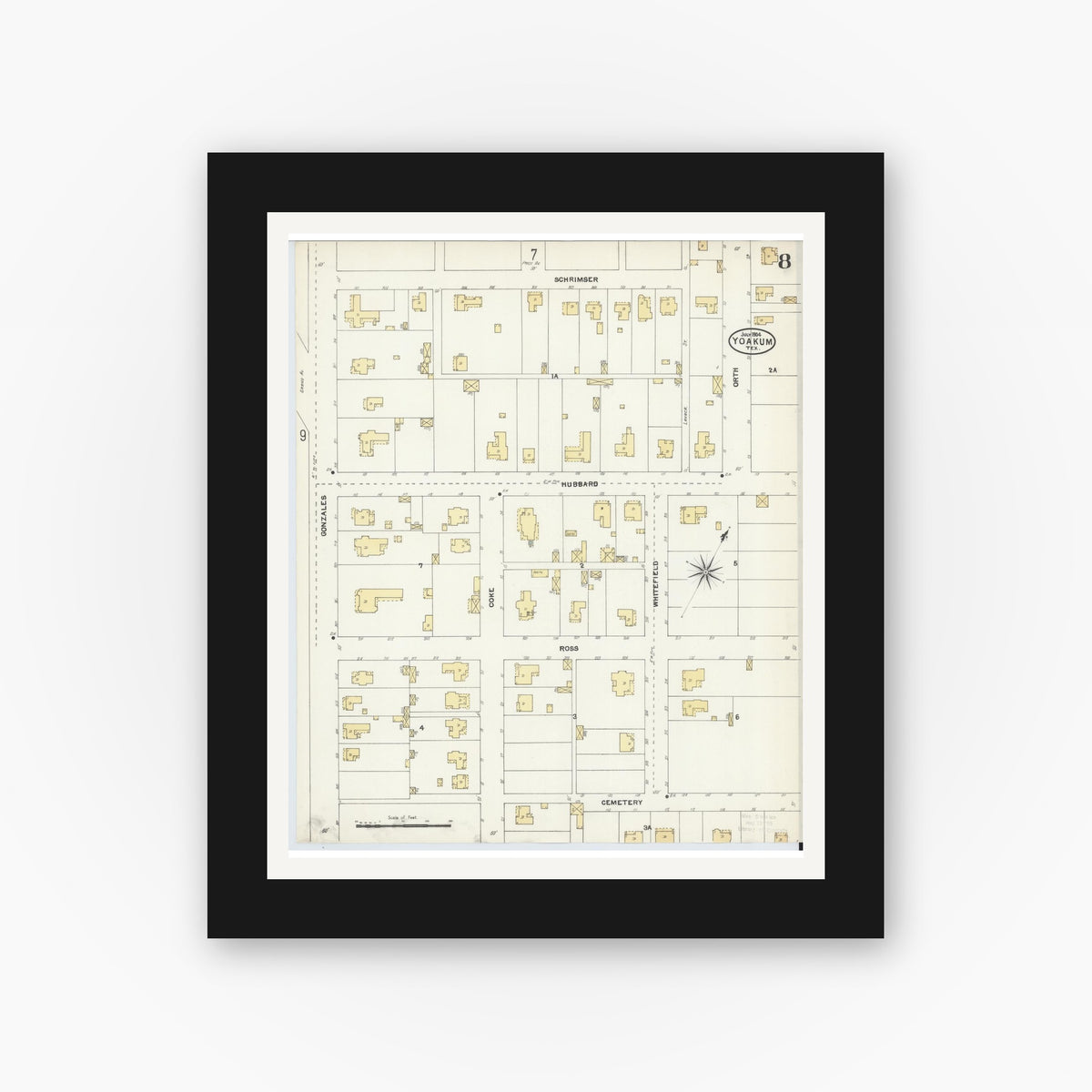 Old map wall art mockup — black gallery frame with white mat — Sanborn Fire Insurance Map from Yoakum, De Witt And Lavaca Counties, Texas (1904), Sheet #0008