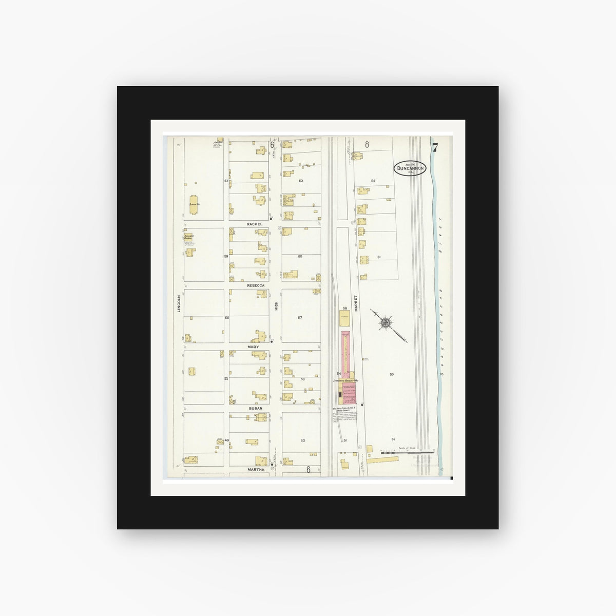 Old map wall art mockup — black gallery frame with white mat — Sanborn Fire Insurance Map from Duncannon, Perry County, Pennsylvania (1911), Sheet #0007