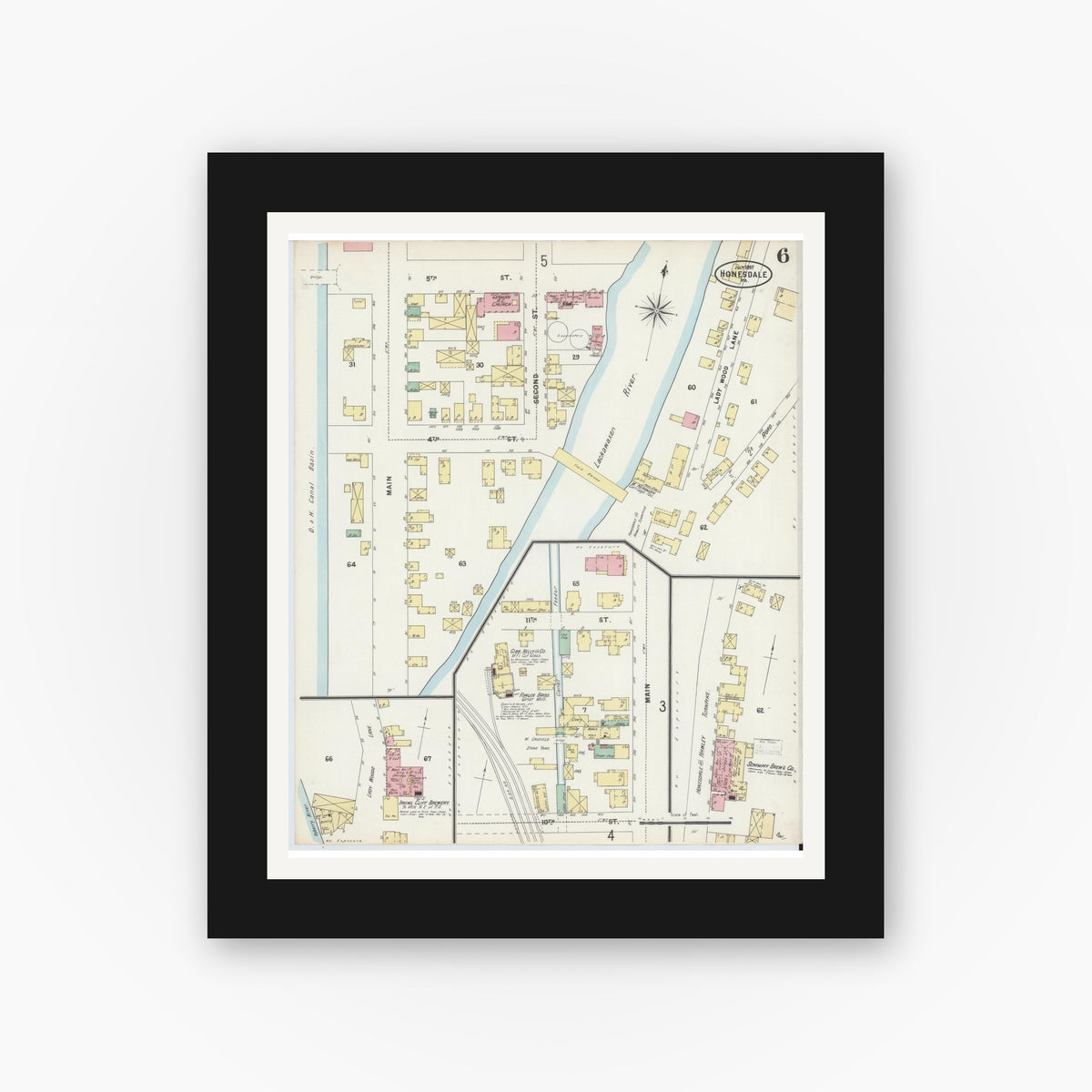 Old map wall art mockup β black gallery frame with white mat β Sanborn Fire Insurance Map from Honesdale, Wayne County, Pennsylvania (1897), Sheet #0006