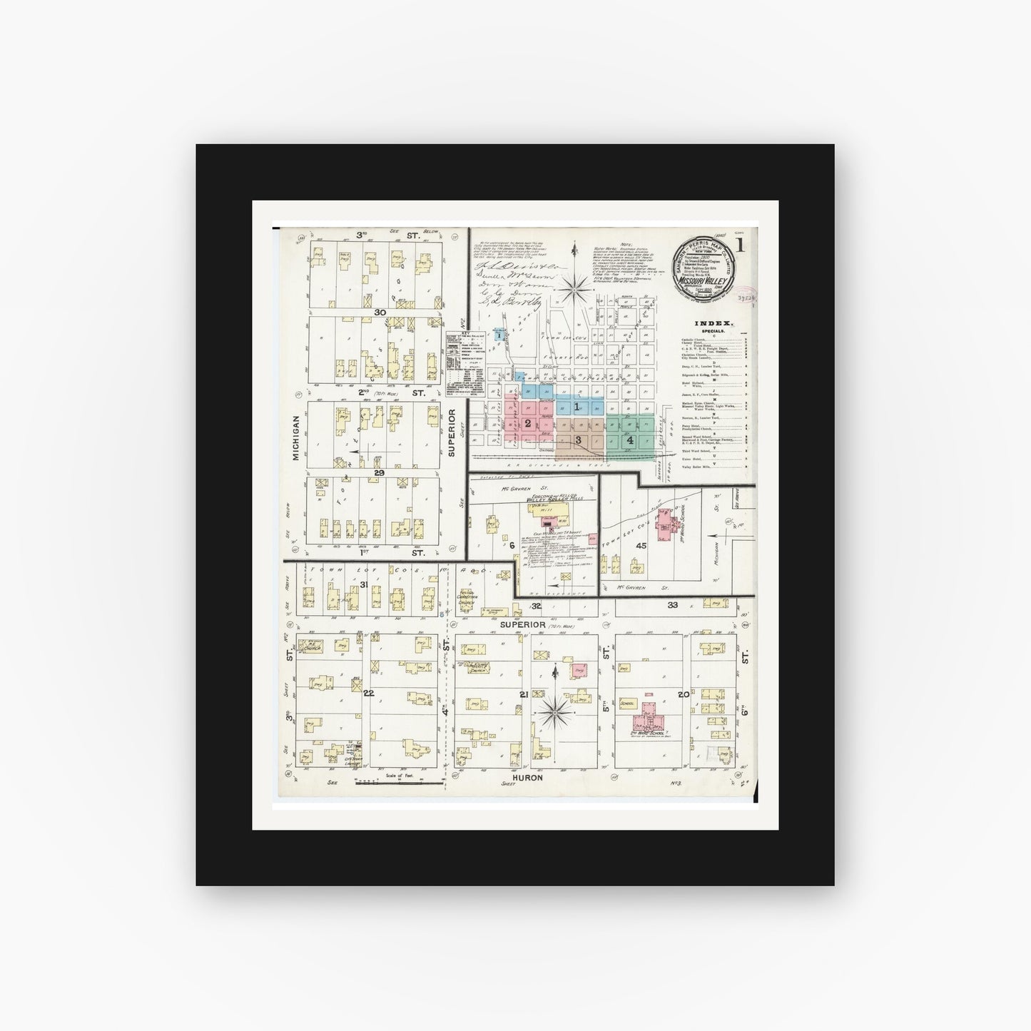 Old map wall art mockup — black gallery frame with white mat — Sanborn Fire Insurance Map from Missouri Valley, Harrison County, Iowa (1890) - Complete Map Set