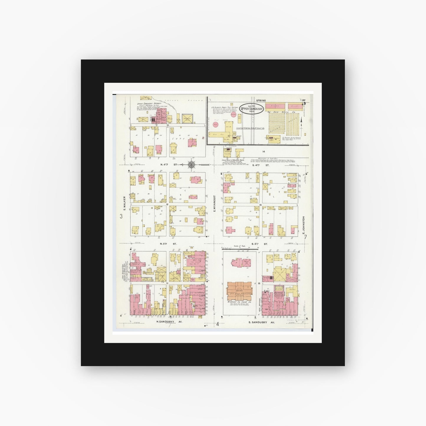 Old map wall art mockup — black gallery frame with white mat — Sanborn Fire Insurance Map from Upper Sandusky, Wyandot County, Ohio (1911), Sheet #0005