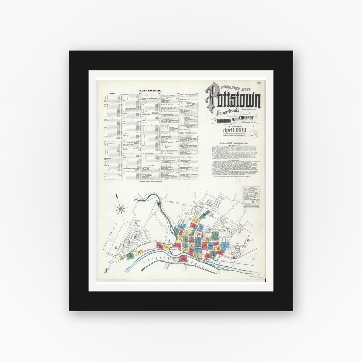 Old map wall art mockup — black gallery frame with white mat — Sanborn Fire Insurance Map from Pottstown, Montgomery County, Pennsylvania (1909) - Complete Map Set