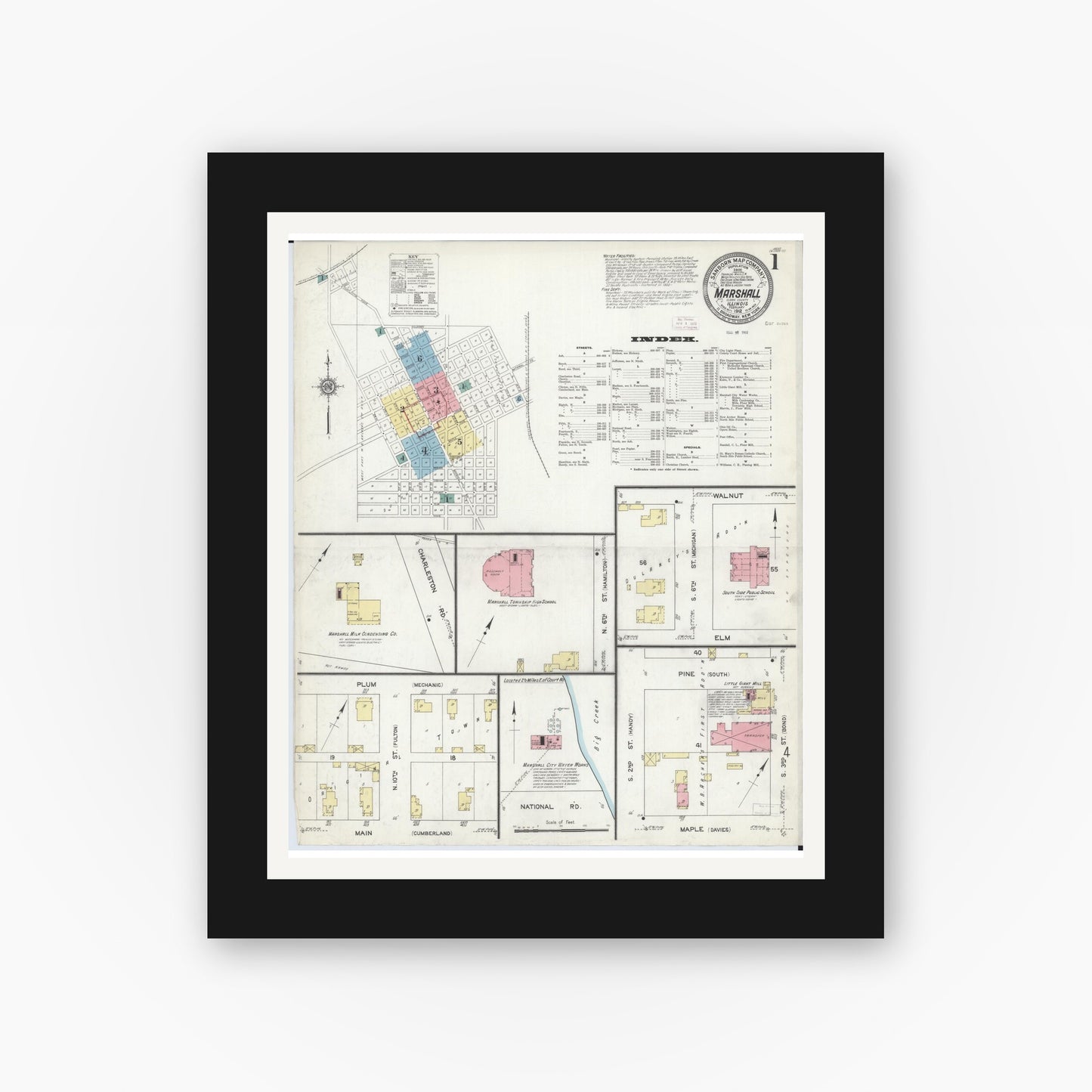 Old map wall art mockup — black gallery frame with white mat — Sanborn Fire Insurance Map from Marshall, Clark County, Illinois (1912), Sheet #0001
