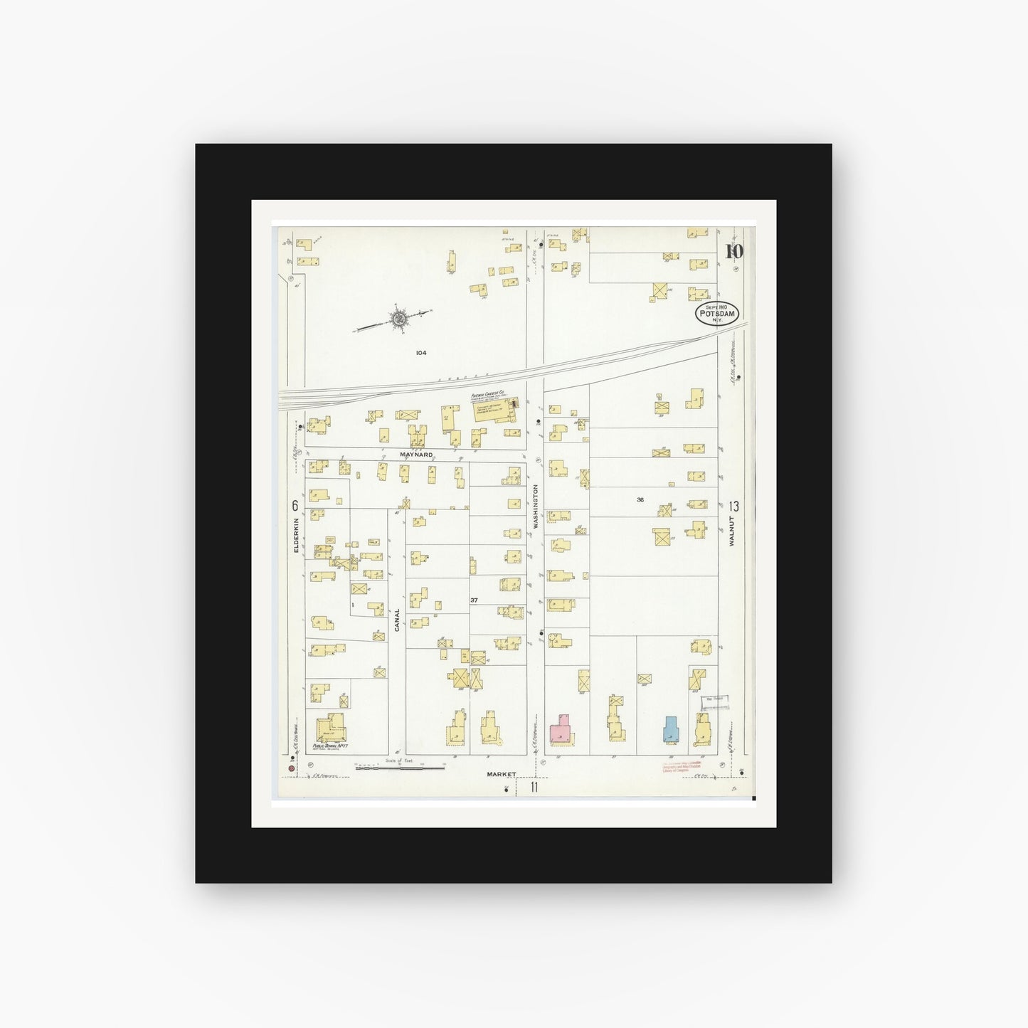 Old map wall art mockup — black gallery frame with white mat — Sanborn Fire Insurance Map from Potsdam, St. Lawrence County, New York (1910), Sheet #0010