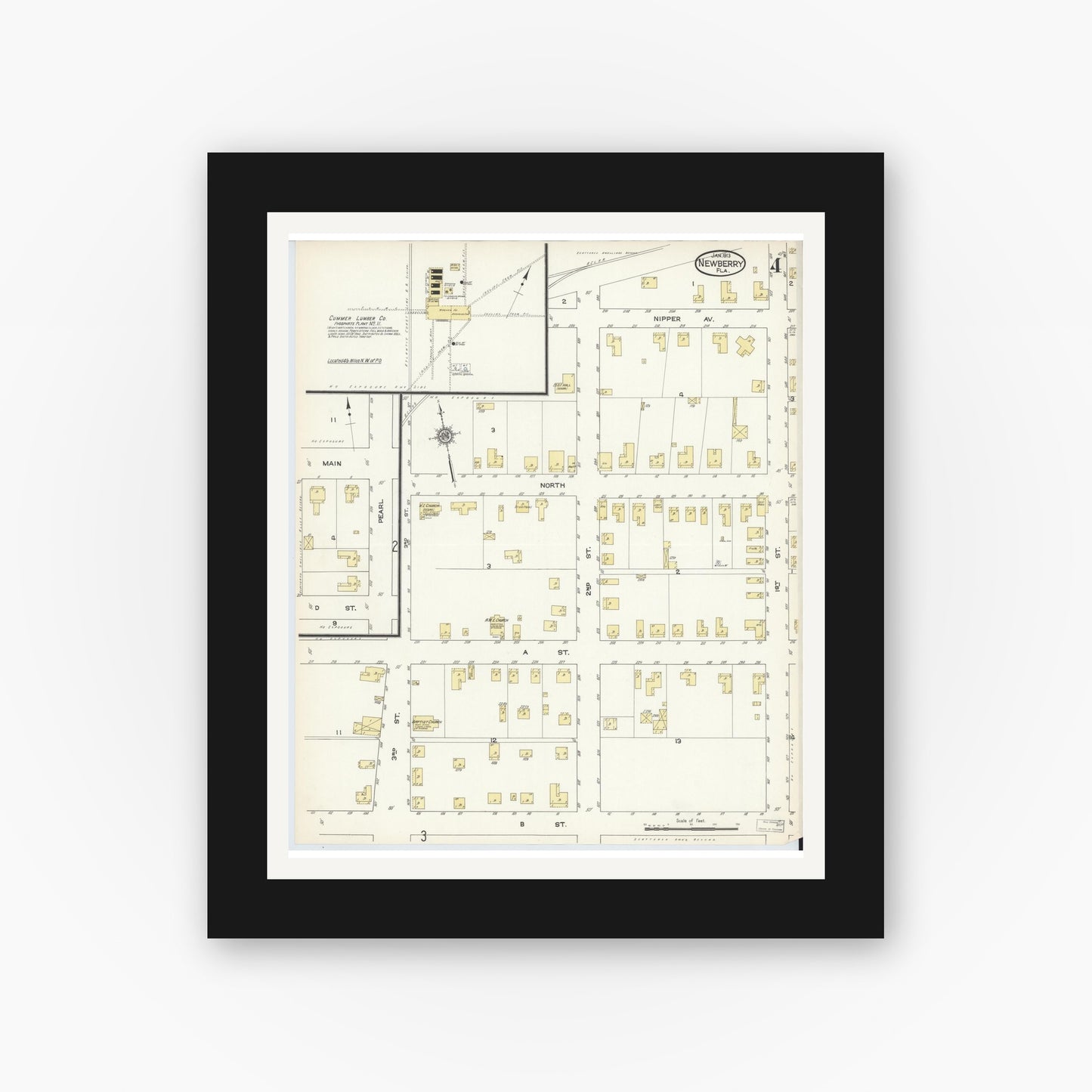 Old map wall art mockup — black gallery frame with white mat — Sanborn Fire Insurance Map from Newberry, Alachua County, Florida (1913), Sheet #0004