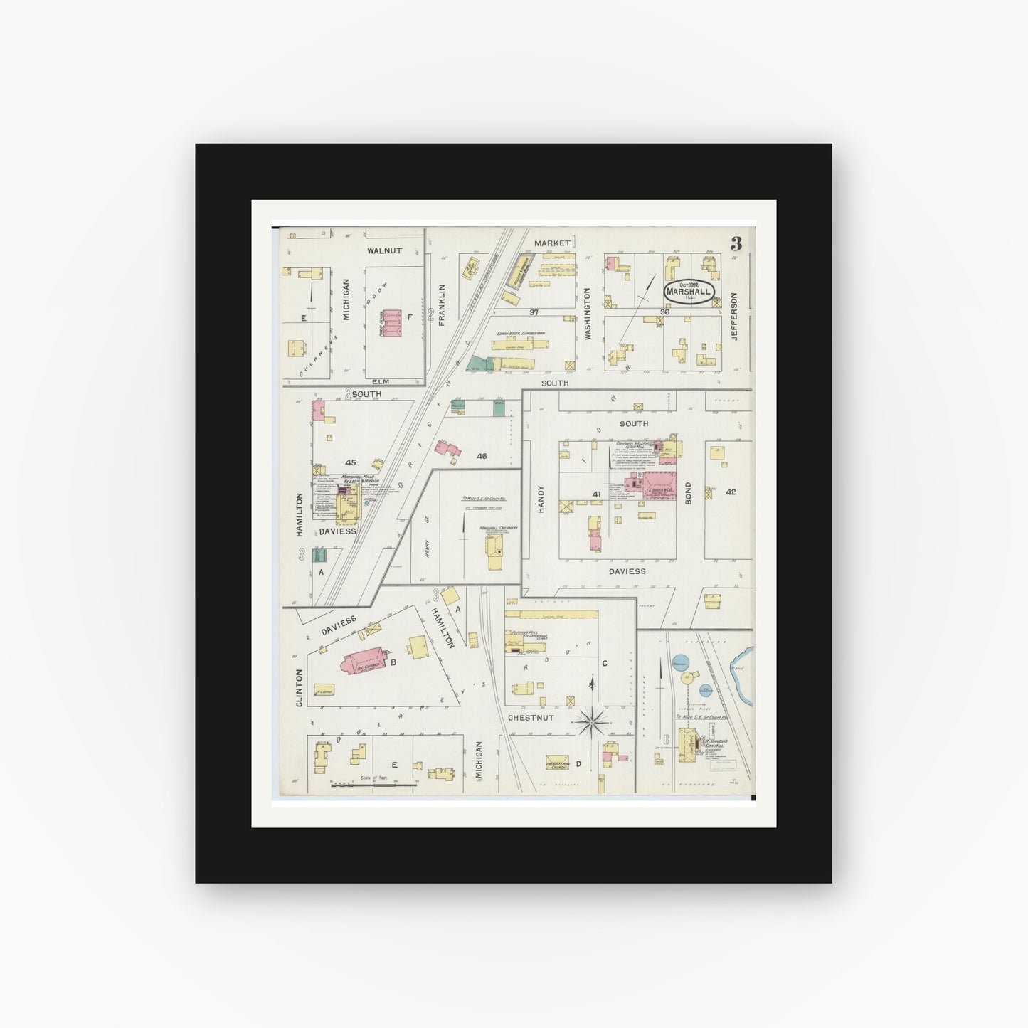 Old map wall art mockup — black gallery frame with white mat — Sanborn Fire Insurance Map from Marshall, Clark County, Illinois (1892), Sheet #0003