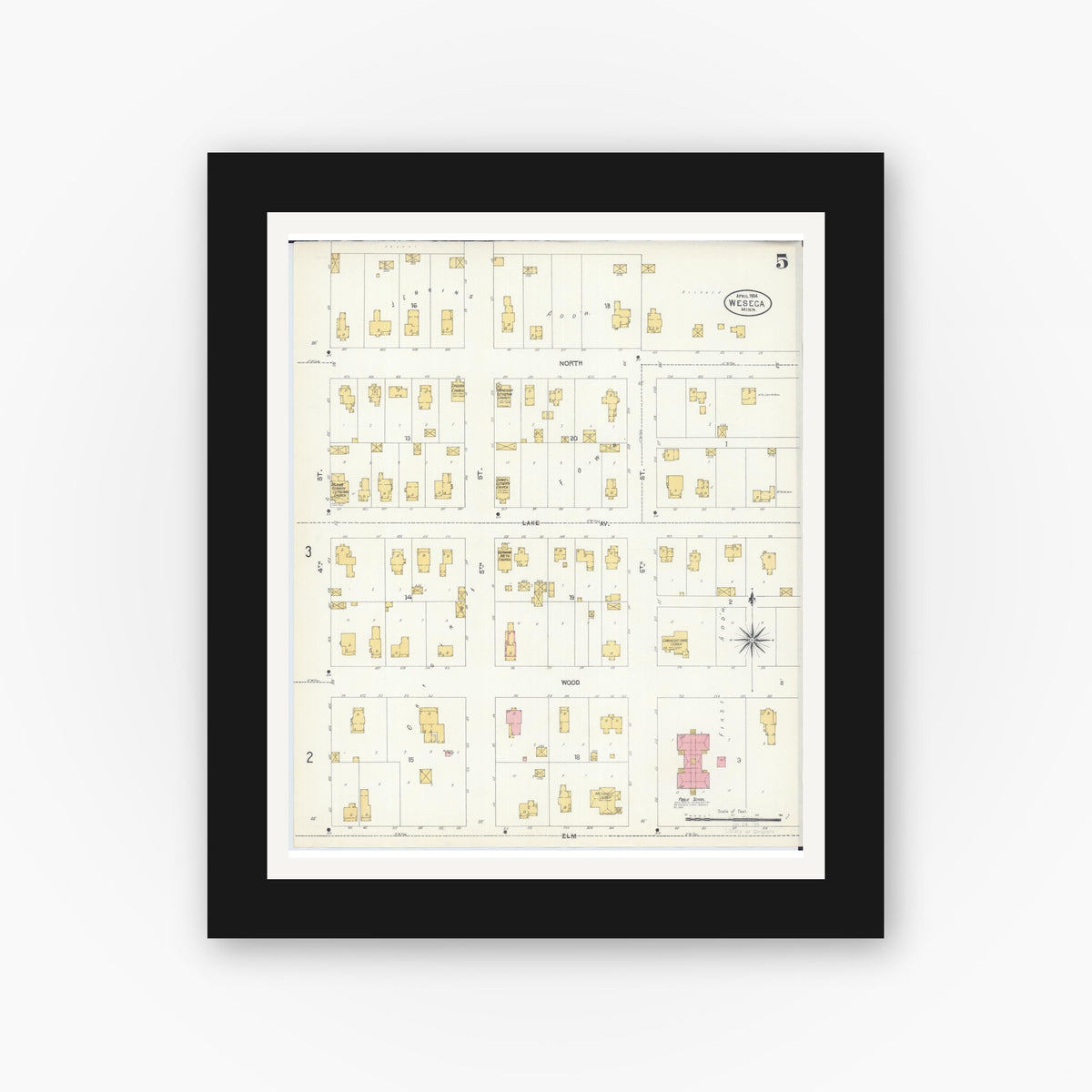 Old map wall art mockup — black gallery frame with white mat — Sanborn Fire Insurance Map from Waseca, Waseca County, Minnesota (1904), Sheet #0005