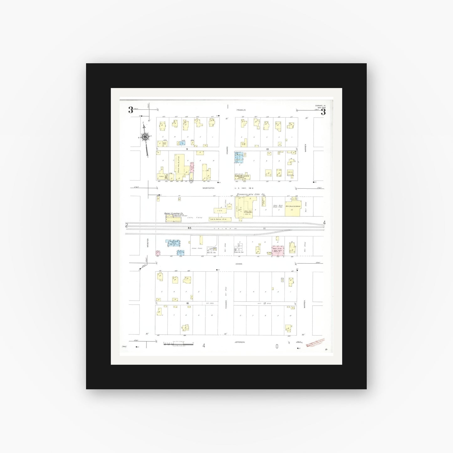 Old map wall art mockup — black gallery frame with white mat — Sanborn Fire Insurance Map from Durant, Cedar County, Iowa (1948), Sheet #0003