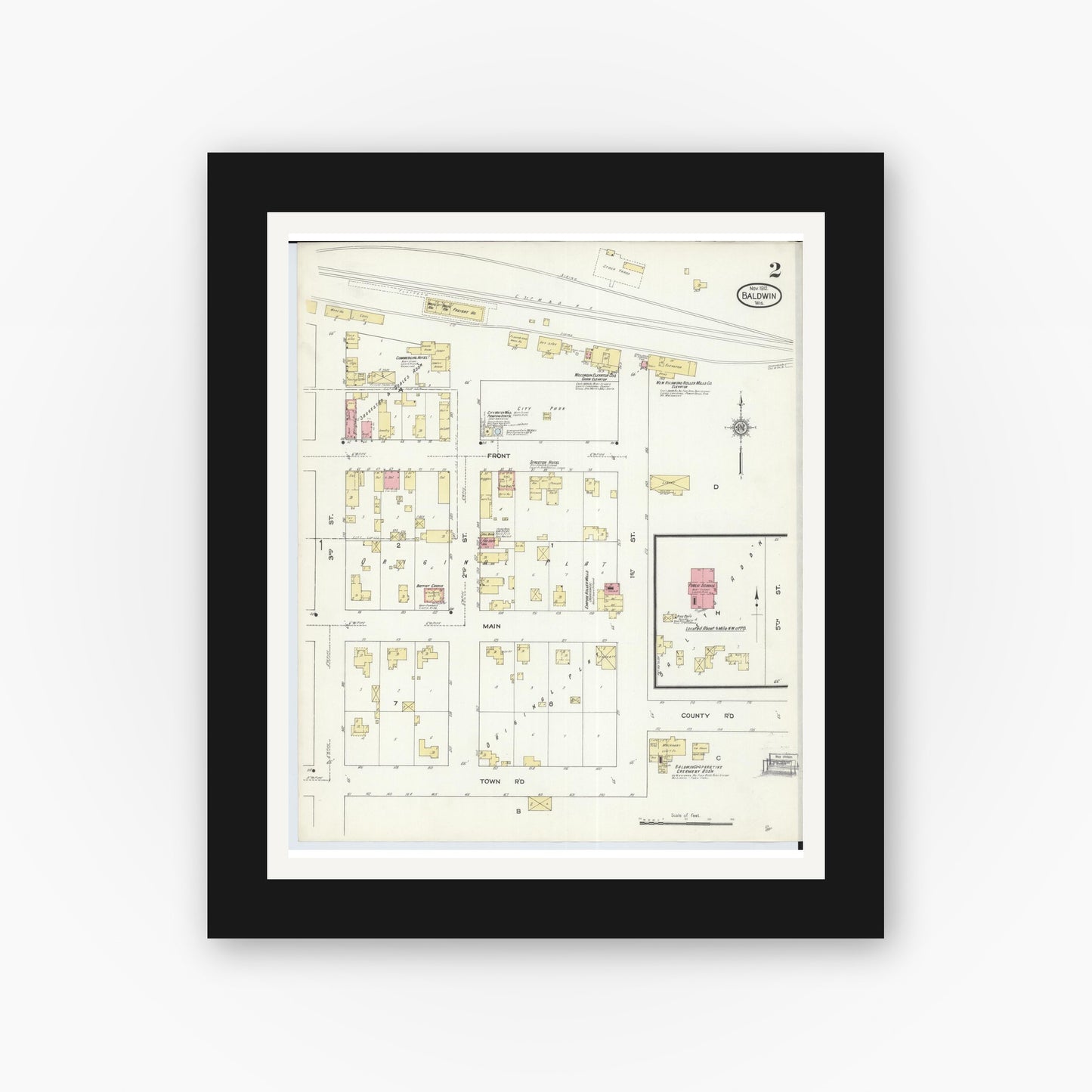 Old map wall art mockup — black gallery frame with white mat — Sanborn Fire Insurance Map from Baldwin, St. Croix County, Wisconsin (1912), Sheet #0002