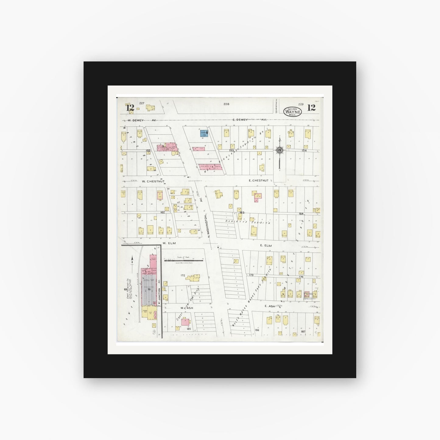 Old map wall art mockup — black gallery frame with white mat — Sanborn Fire Insurance Map from Wayne, Wayne County, Michigan (1926), Sheet #0012
