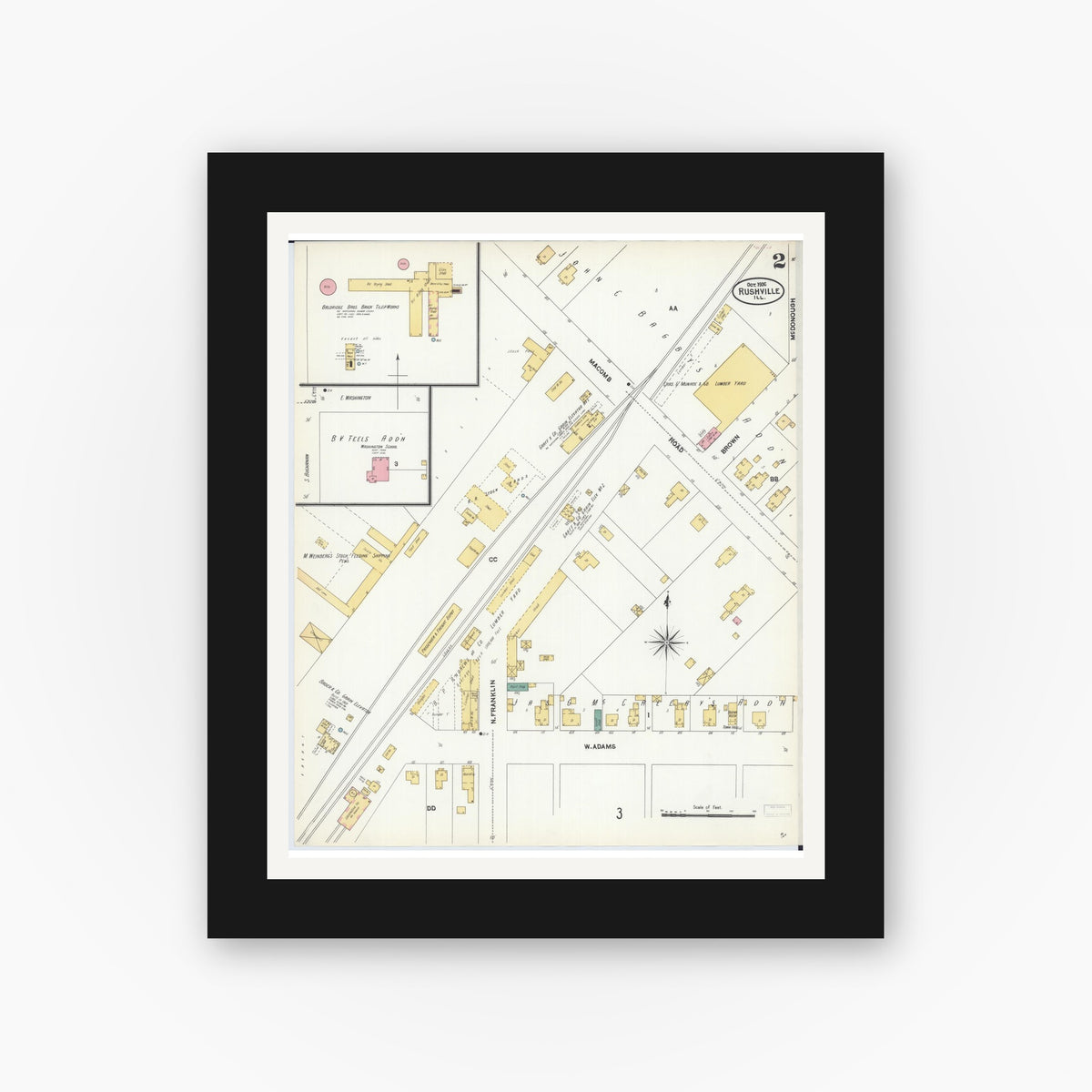 Old map wall art mockup — black gallery frame with white mat — Sanborn Fire Insurance Map from Rushville, Schuyler County, Illinois (1906), Sheet #0002