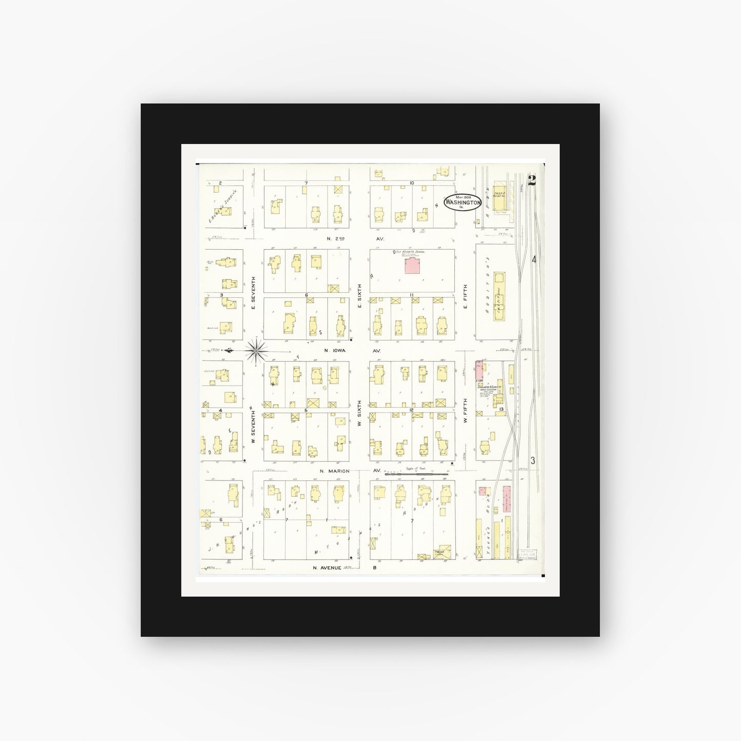 Old map wall art mockup — black gallery frame with white mat — Sanborn Fire Insurance Map from Washington, Washington County, Iowa (1909), Sheet #0002