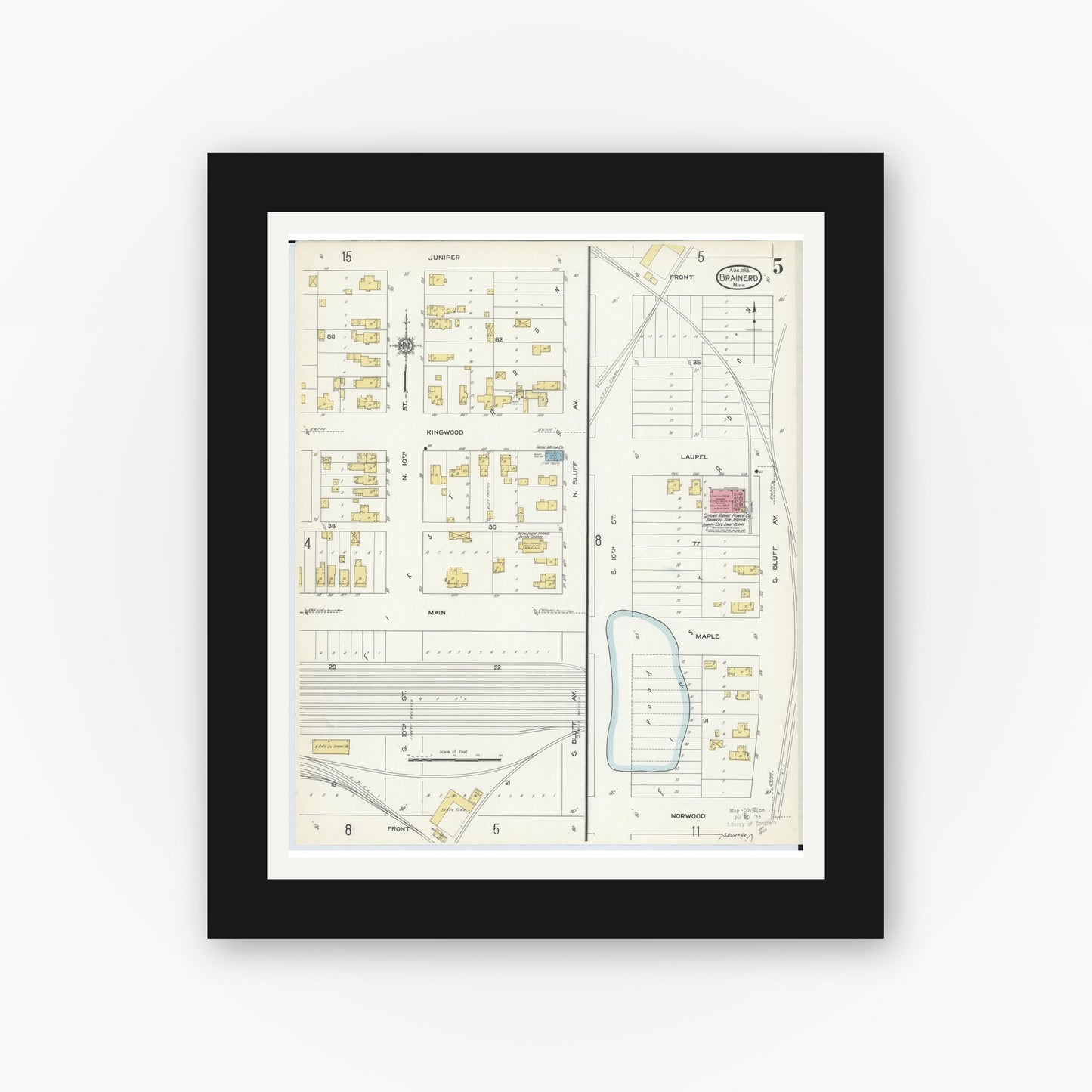 Old map wall art mockup — black gallery frame with white mat — Sanborn Fire Insurance Map from Brainerd, Crow Wing County, Minnesota (1913), Sheet #0005