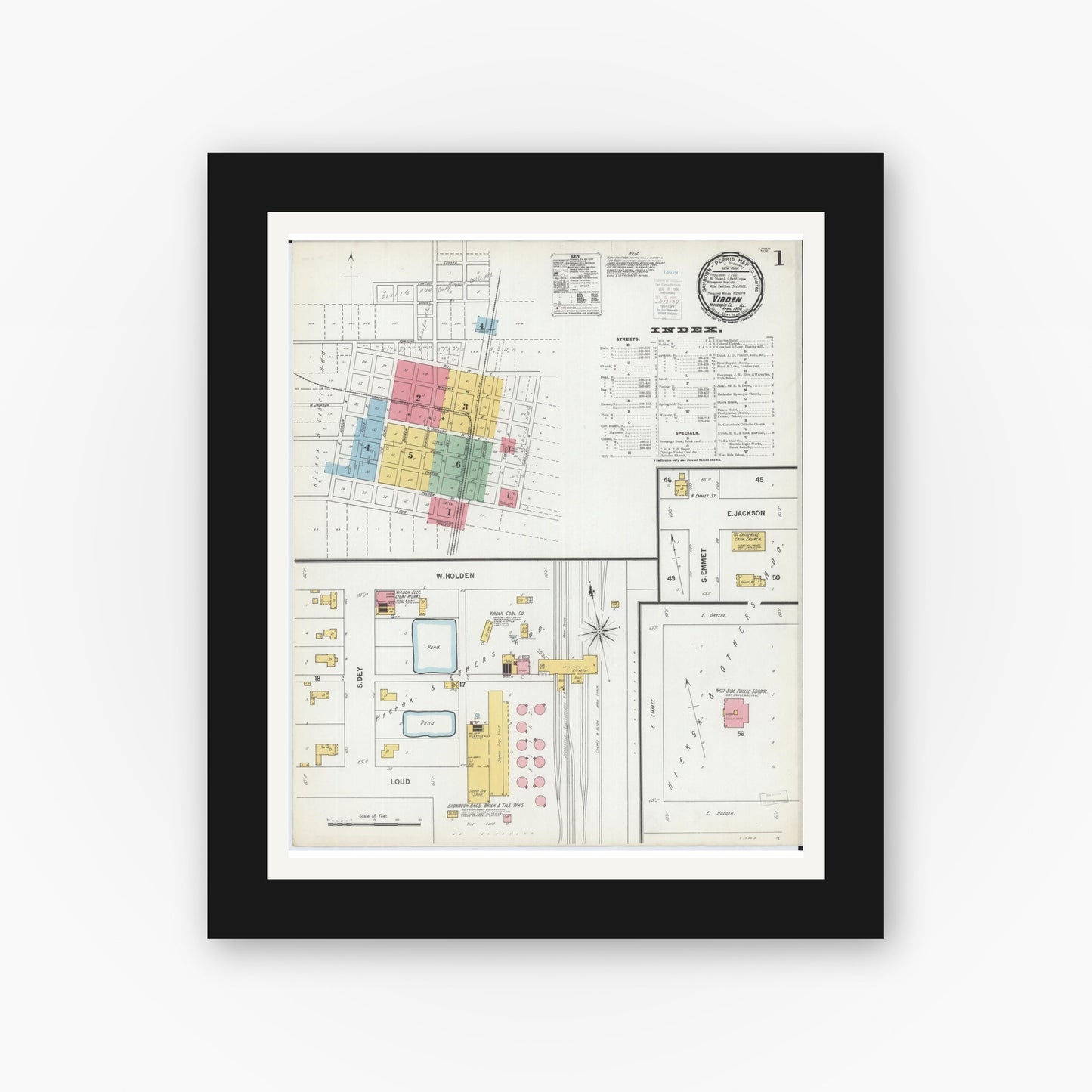 Old map wall art mockup — black gallery frame with white mat — Sanborn Fire Insurance Map from Virden, Macoupin County, Illinois (1900) - Complete Map Set