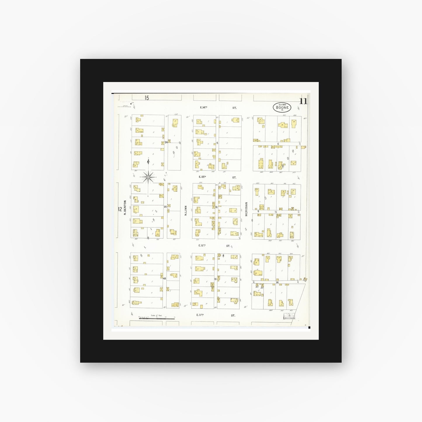 Old map wall art mockup — black gallery frame with white mat — Sanborn Fire Insurance Map from Boone, Boone County, Iowa (1900), Sheet #0011