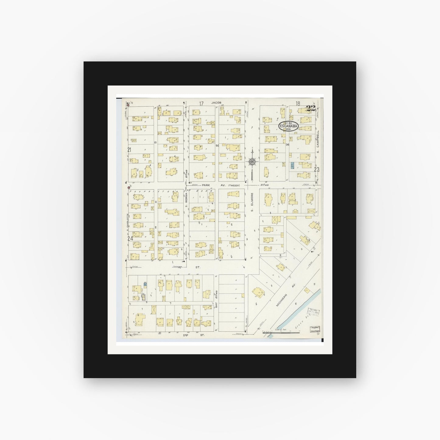 Old map wall art mockup — black gallery frame with white mat — Sanborn Fire Insurance Map from Escanaba, Delta County, Michigan (1913), Sheet #0022