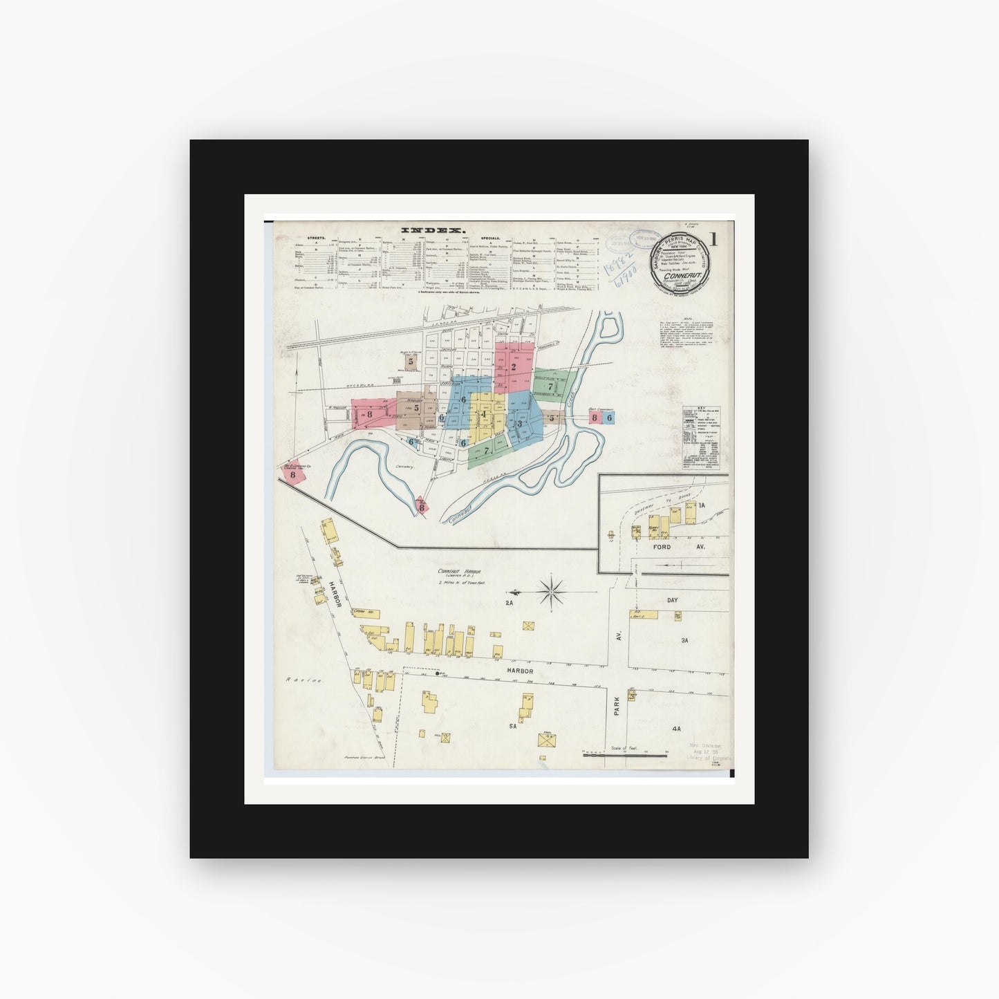 Old map wall art mockup — black gallery frame with white mat — Sanborn Fire Insurance Map from Conneaut, Ashtabula County, Ohio (1898) - Complete Map Set