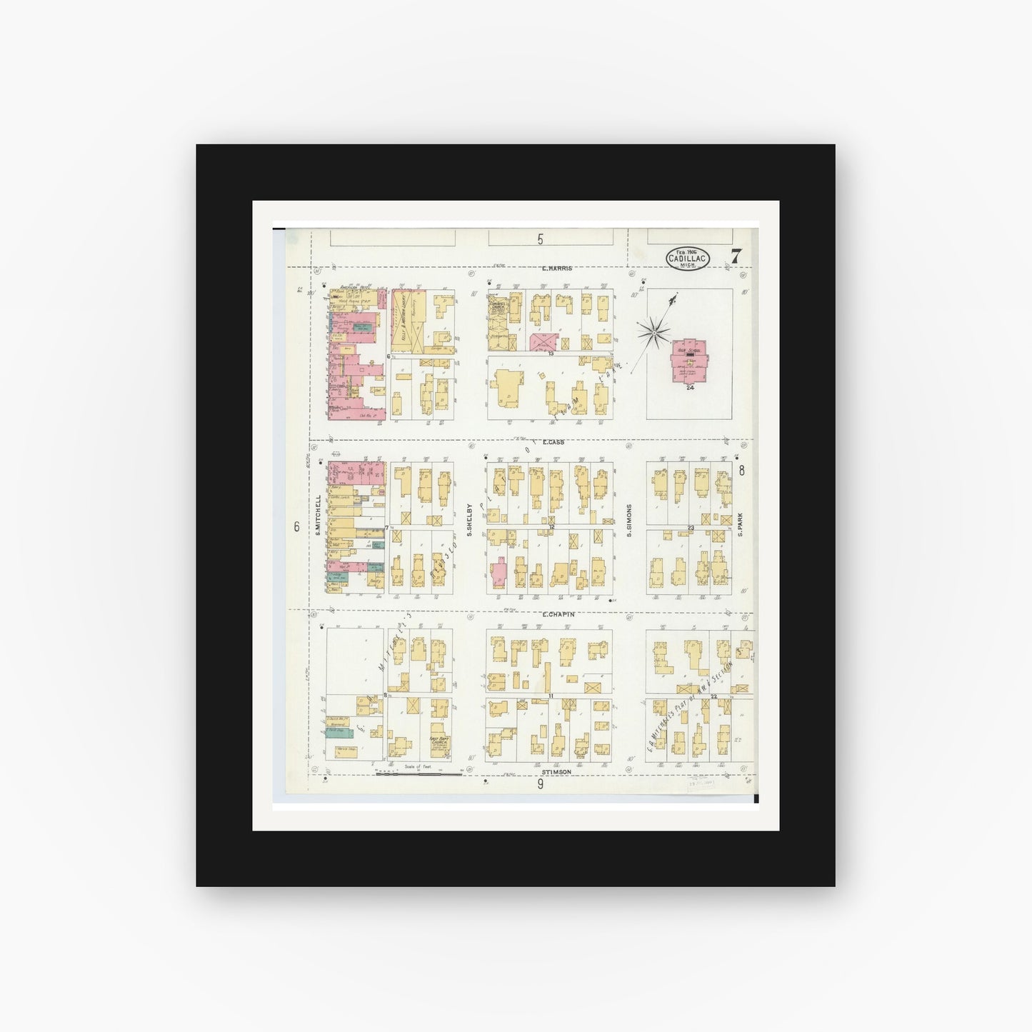 Old map wall art mockup — black gallery frame with white mat — Sanborn Fire Insurance Map from Cadillac, Wexford County, Michigan (1906), Sheet #0007