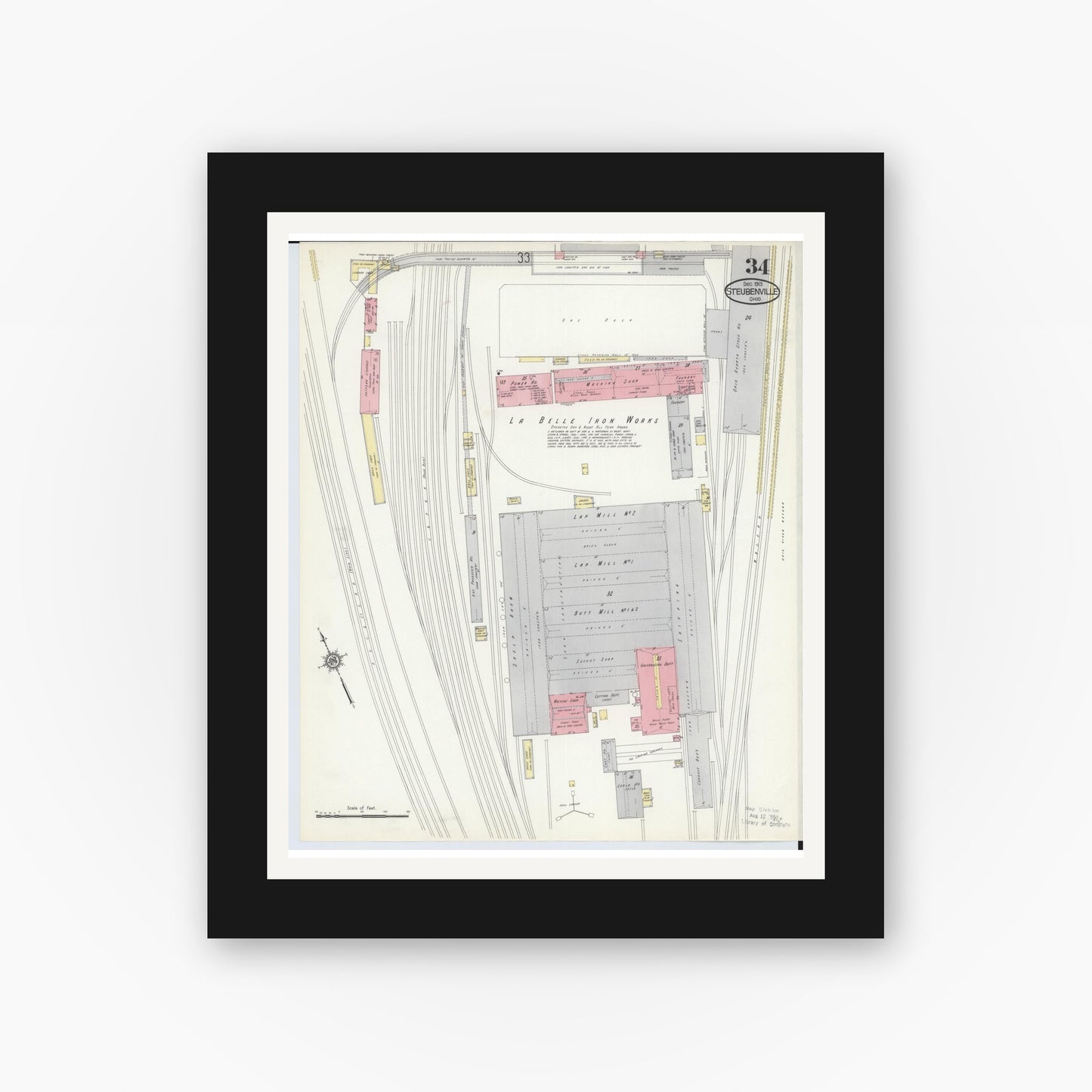 Old map wall art mockup — black gallery frame with white mat — Sanborn Fire Insurance Map from Steubenville, Jefferson County, Ohio (1913), Sheet #0034