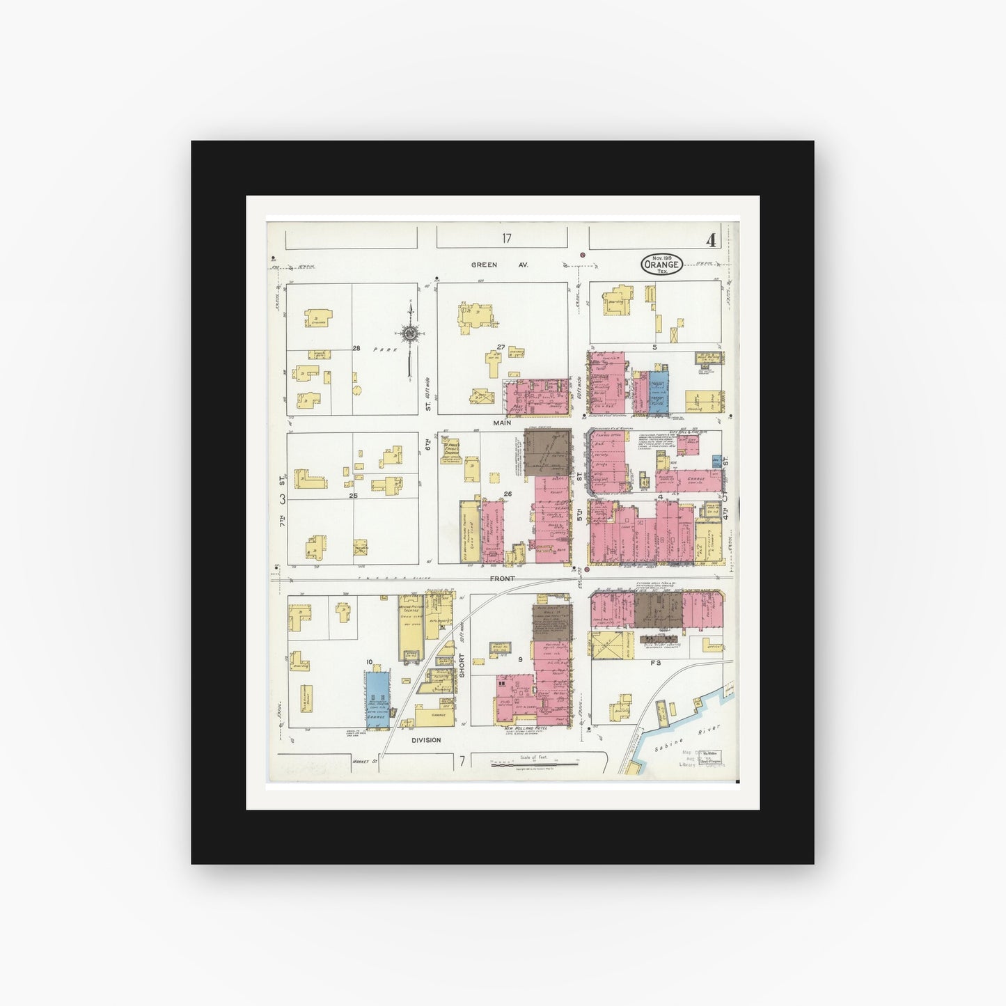 Old map wall art mockup — black gallery frame with white mat — Sanborn Fire Insurance Map from Orange, Orange County, Texas (1919), Sheet #0004