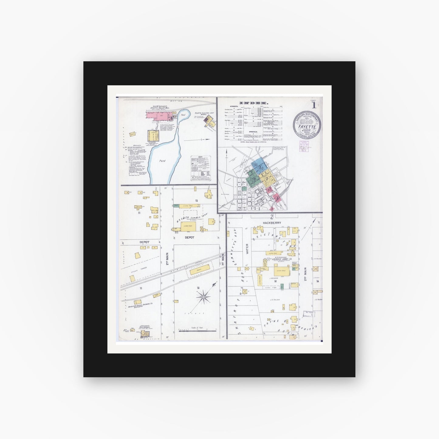 Old map wall art mockup — black gallery frame with white mat — Sanborn Fire Insurance Map from Fayette, Howard County, Missouri (1902) - Complete Map Set