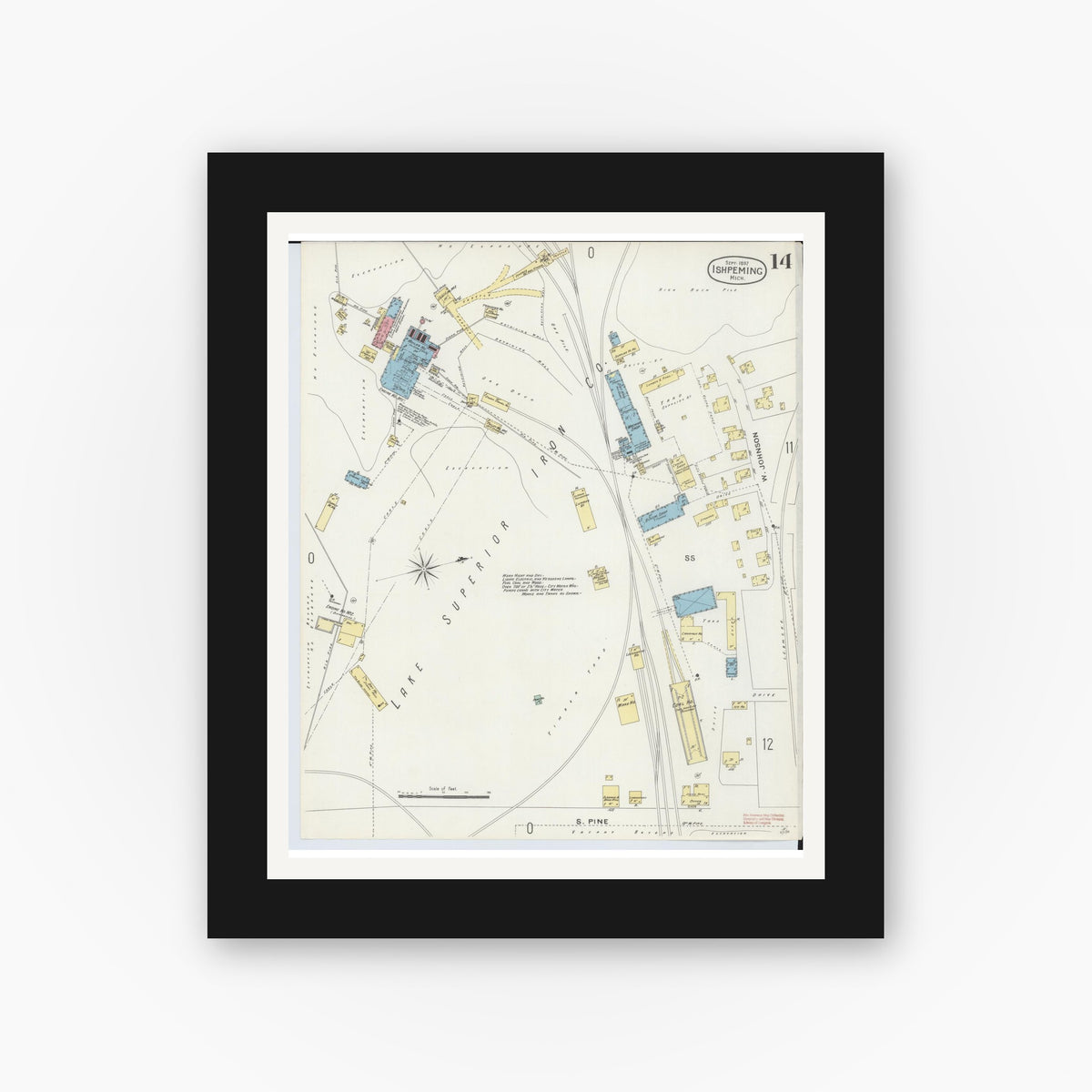 Old map wall art mockup — black gallery frame with white mat — Sanborn Fire Insurance Map from Ishpeming, Marquette County, Michigan (1897), Sheet #0014