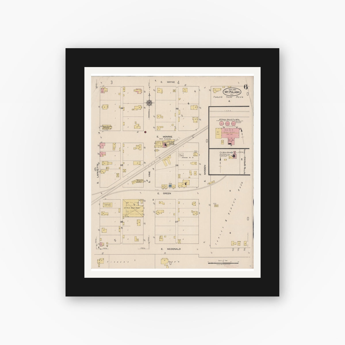 Old map wall art mockup — black gallery frame with white mat — Sanborn Fire Insurance Map from Mount Pulaski, Logan County, Illinois (1922), Sheet #0006